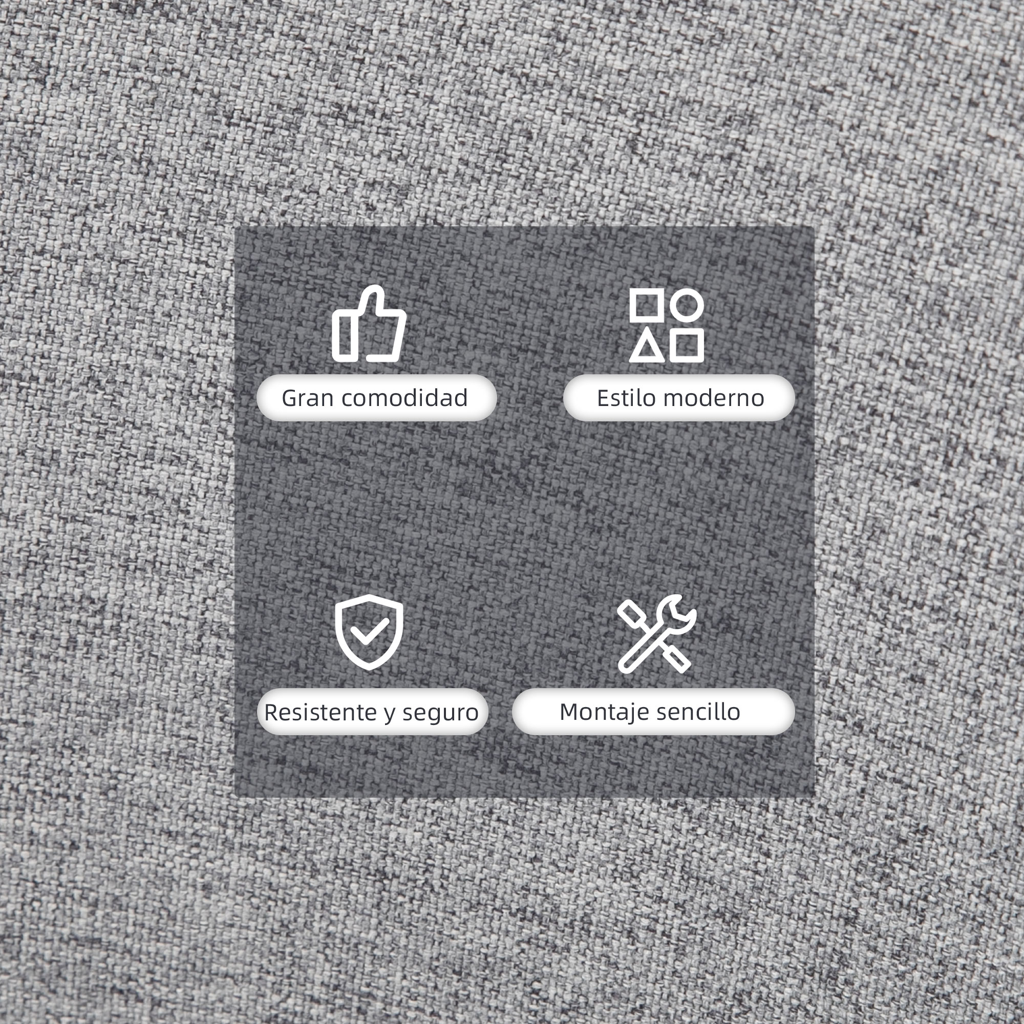 Cuatro iconos: pulgar arriba, estilo moderno, escudo, herramientas. Tela gris.