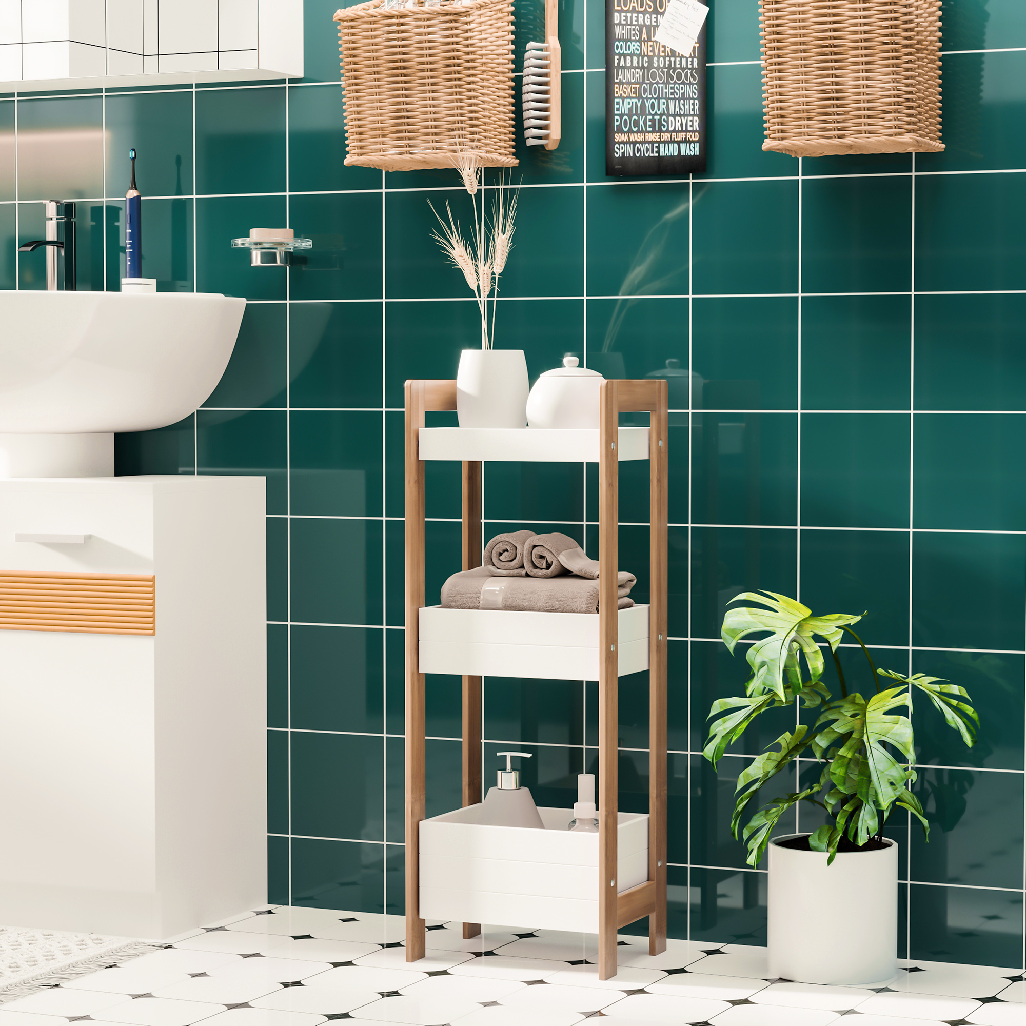 Baño moderno con azulejos verdes, lavabo, estantería y planta.