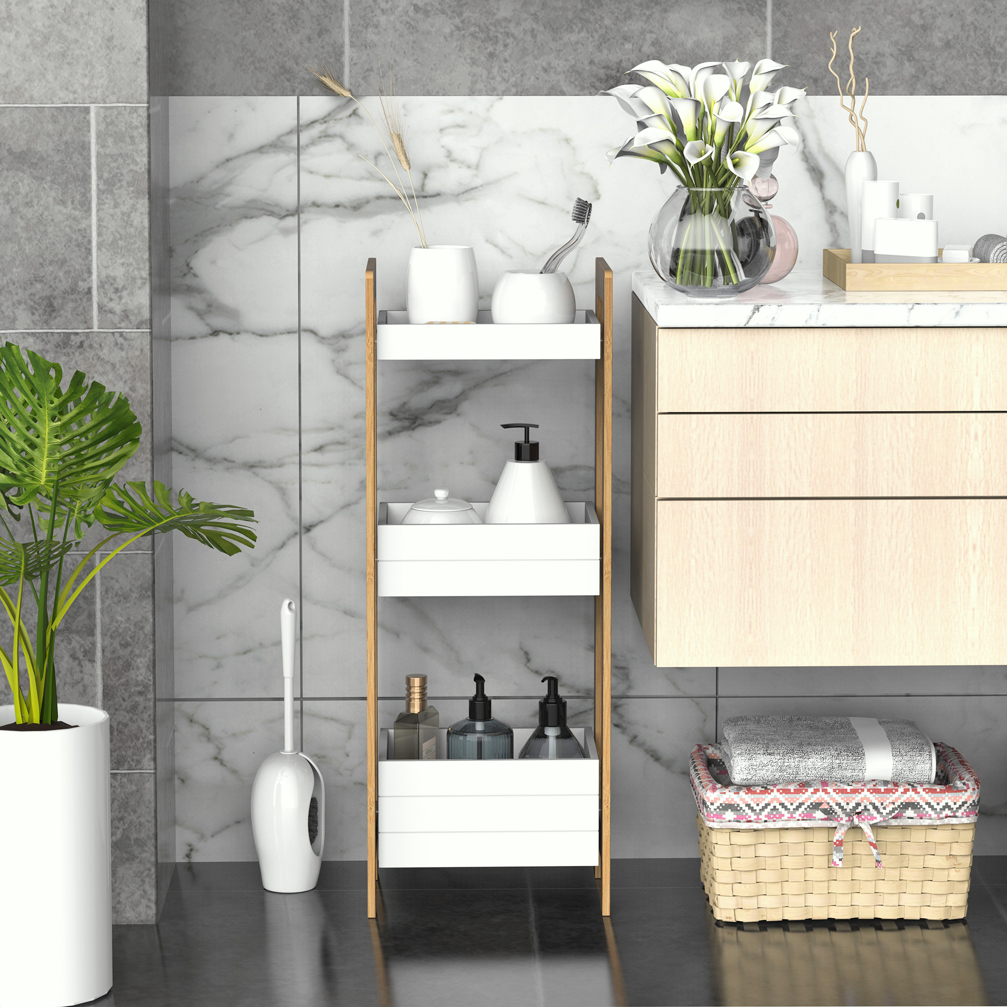 Estante de baño con jabón, loción, cepillo de dientes, plantas y flores.