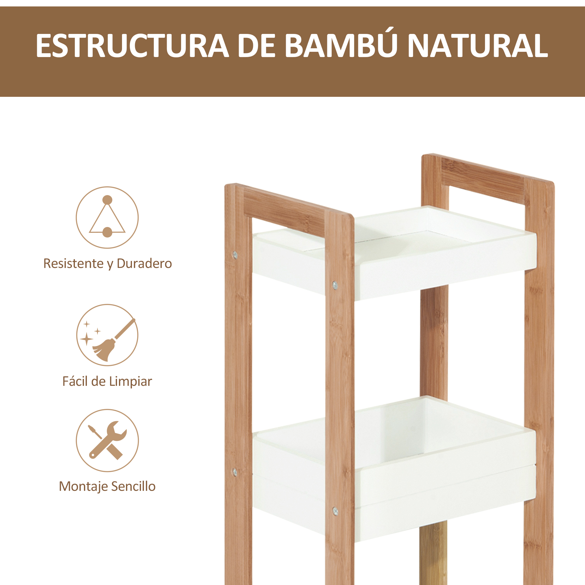 Estantería de bambú de 3 niveles con bandejas blancas.