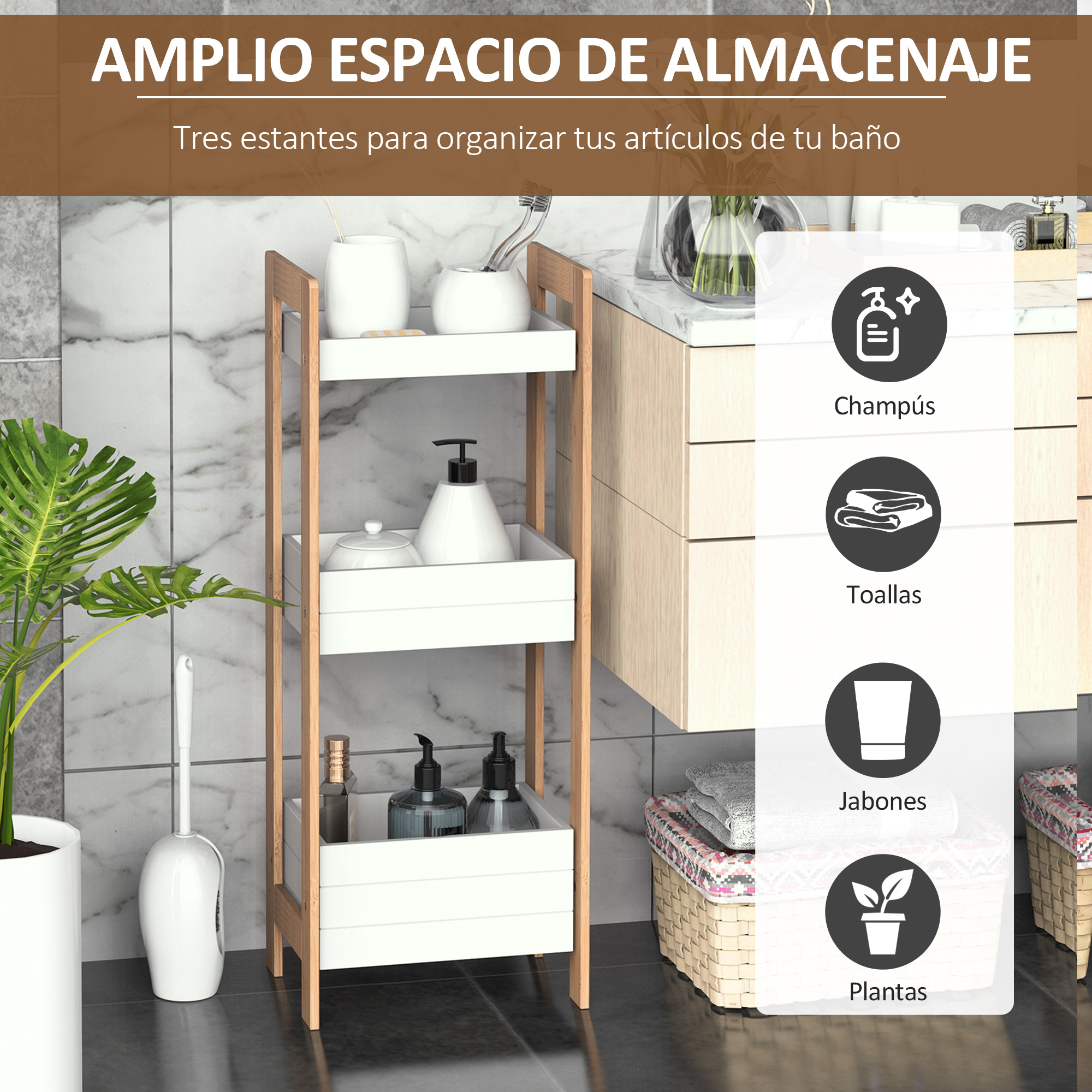 Un estante blanco de tres niveles para artículos de baño, junto a un cepillo de inodoro y tocador.