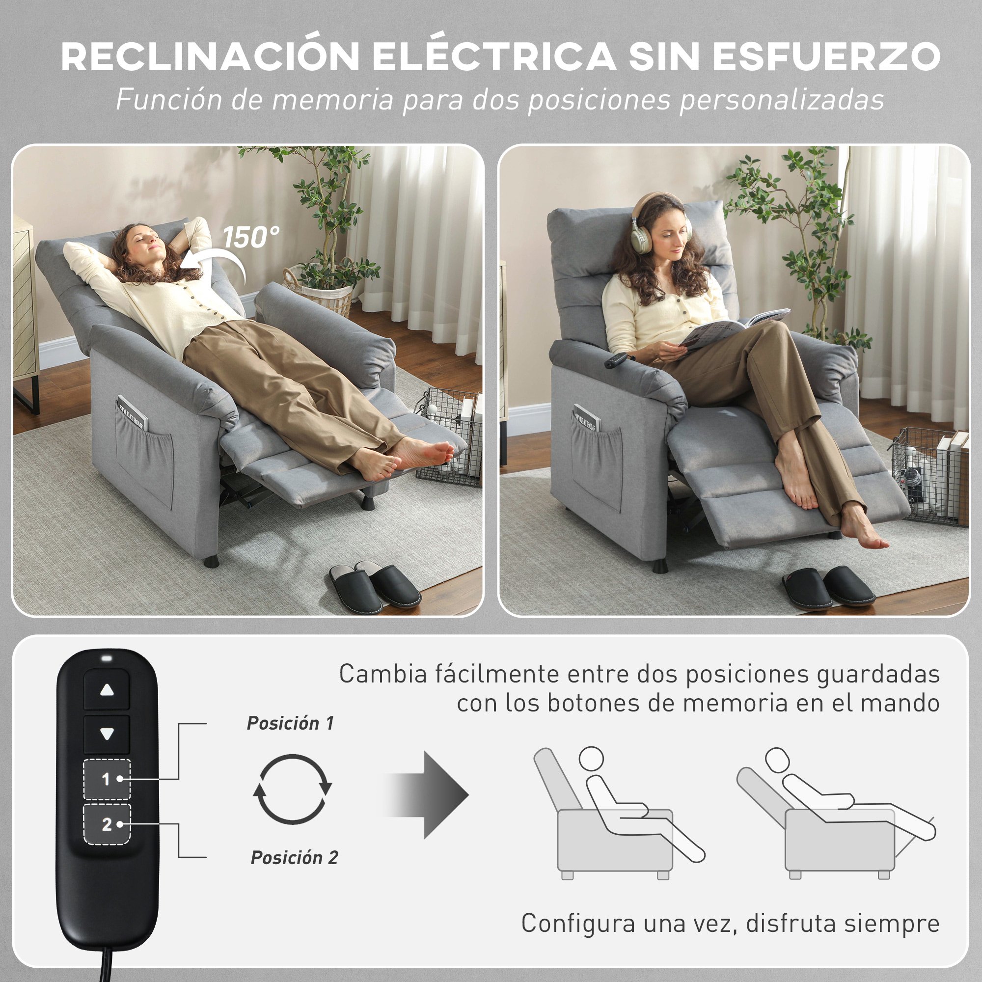 Sillón reclinable gris mostrado en dos posiciones con mando.