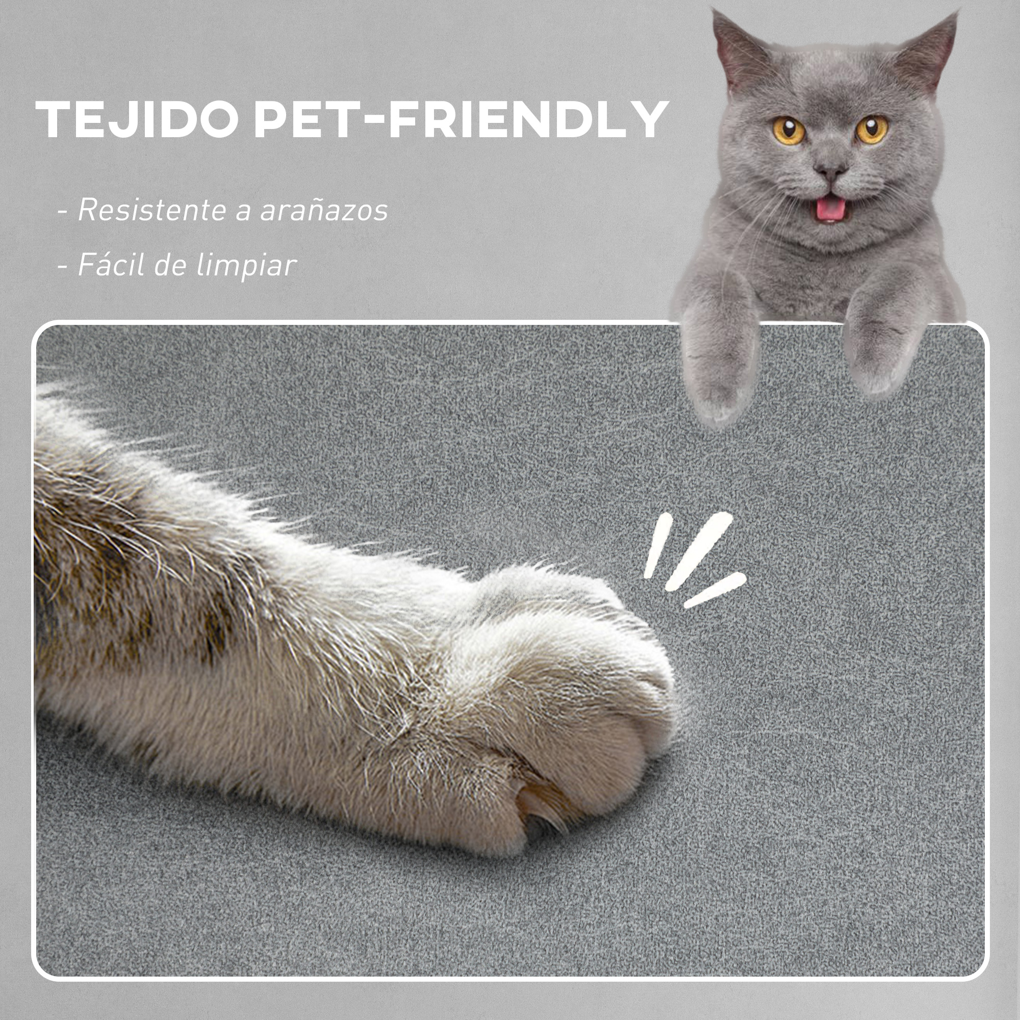 Gato gris con la boca abierta, lengua fuera, pata sobre tela.
