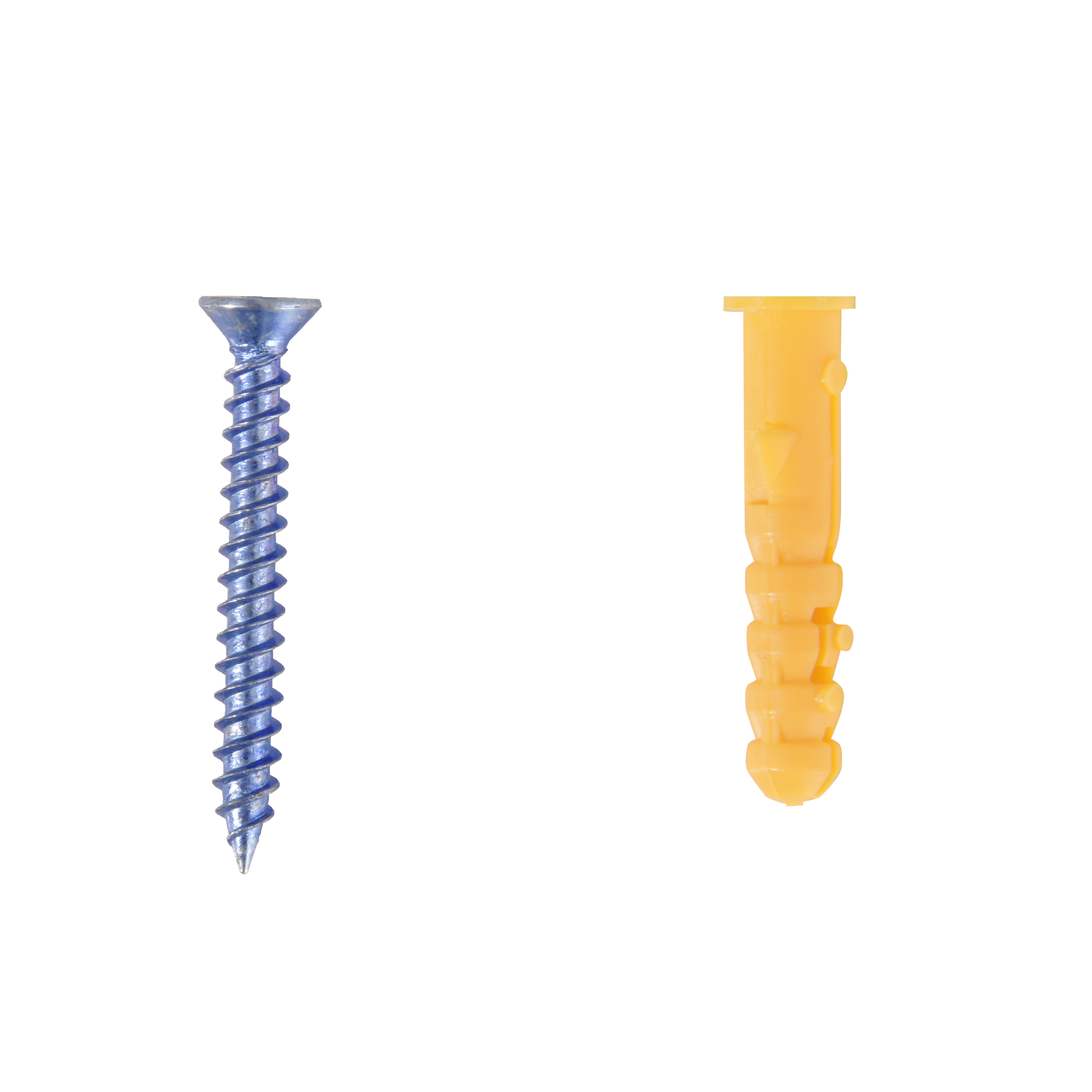 Un tornillo azul junto a un taco amarillo sobre fondo blanco.