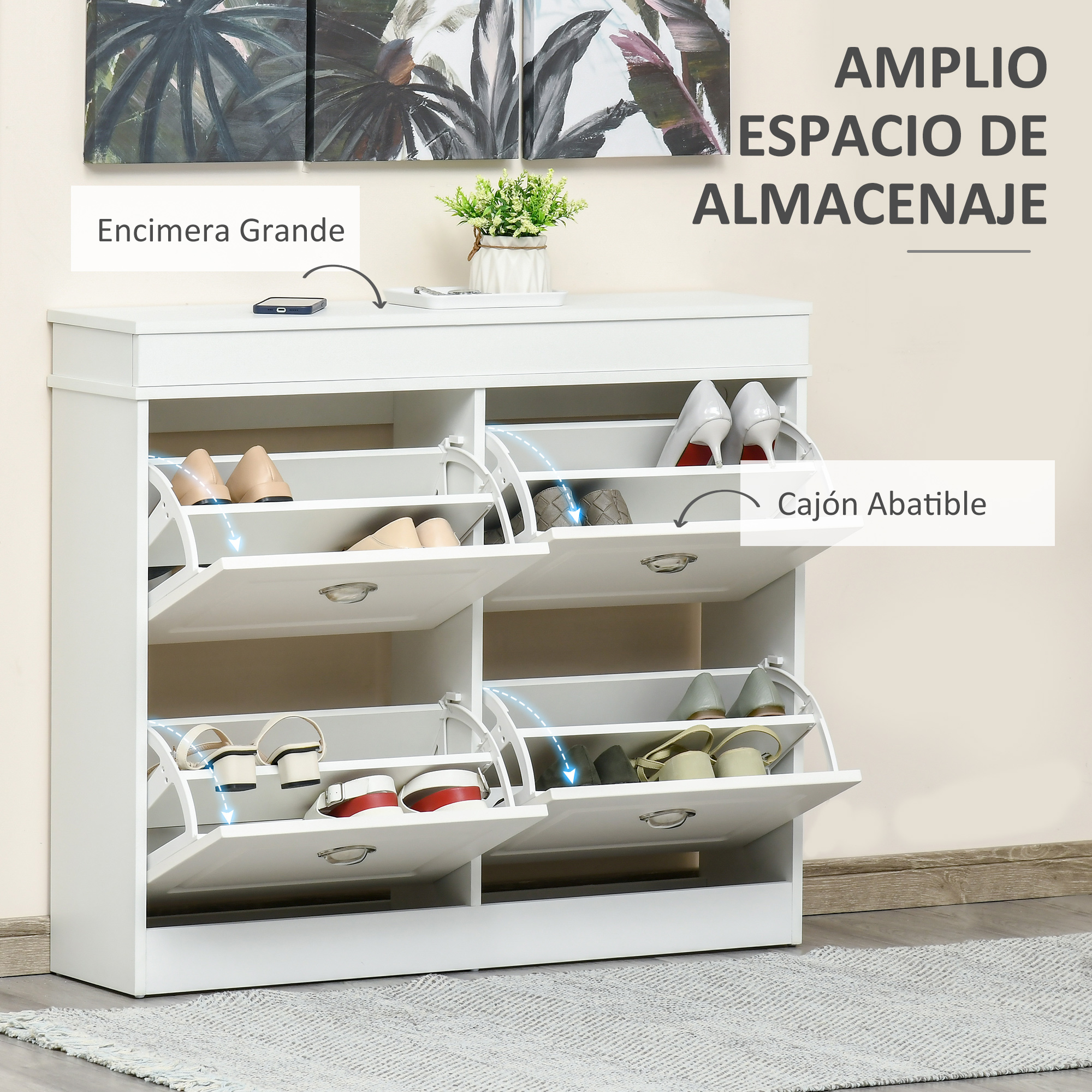 Moderno zapatero blanco con puertas abatibles y varios zapatos dentro.