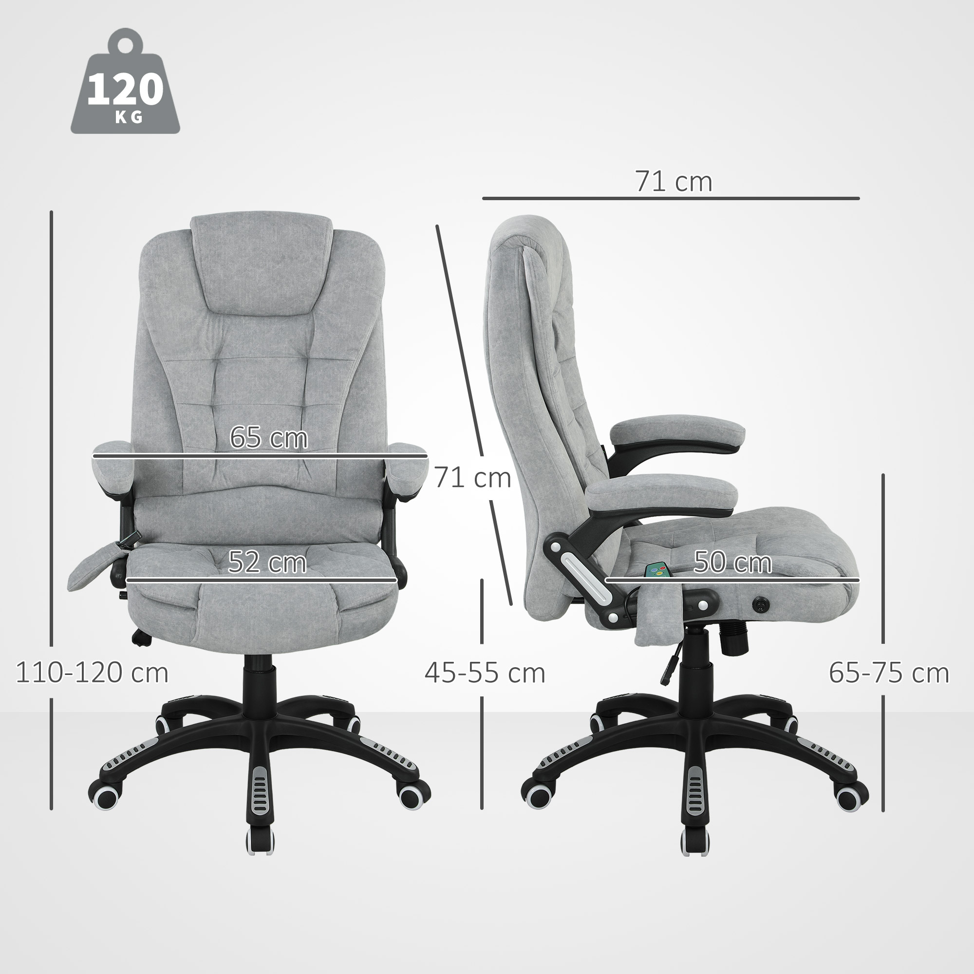 Silla de oficina gris con dimensiones: altura asiento 45-55 cm, ancho 52 cm, altura total 71 cm.