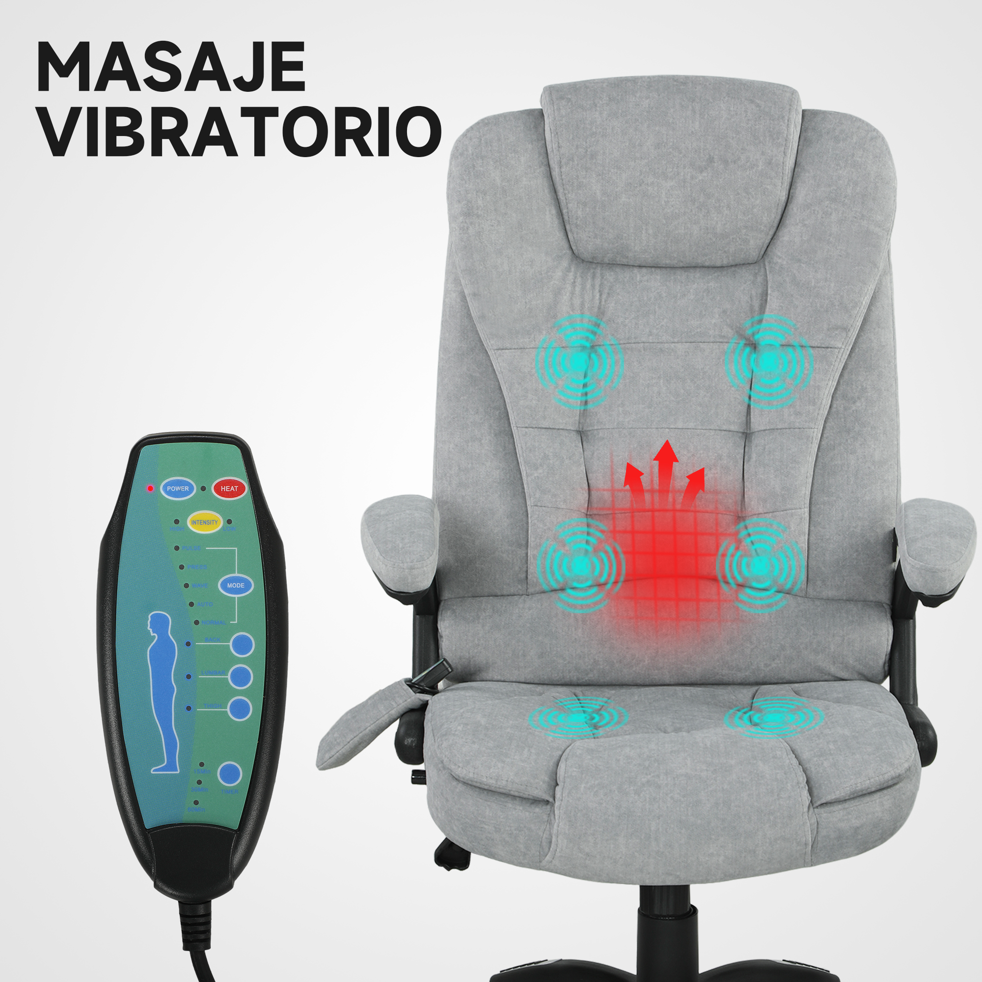 Sillón de masaje gris con mando a distancia e indicadores de vibración.