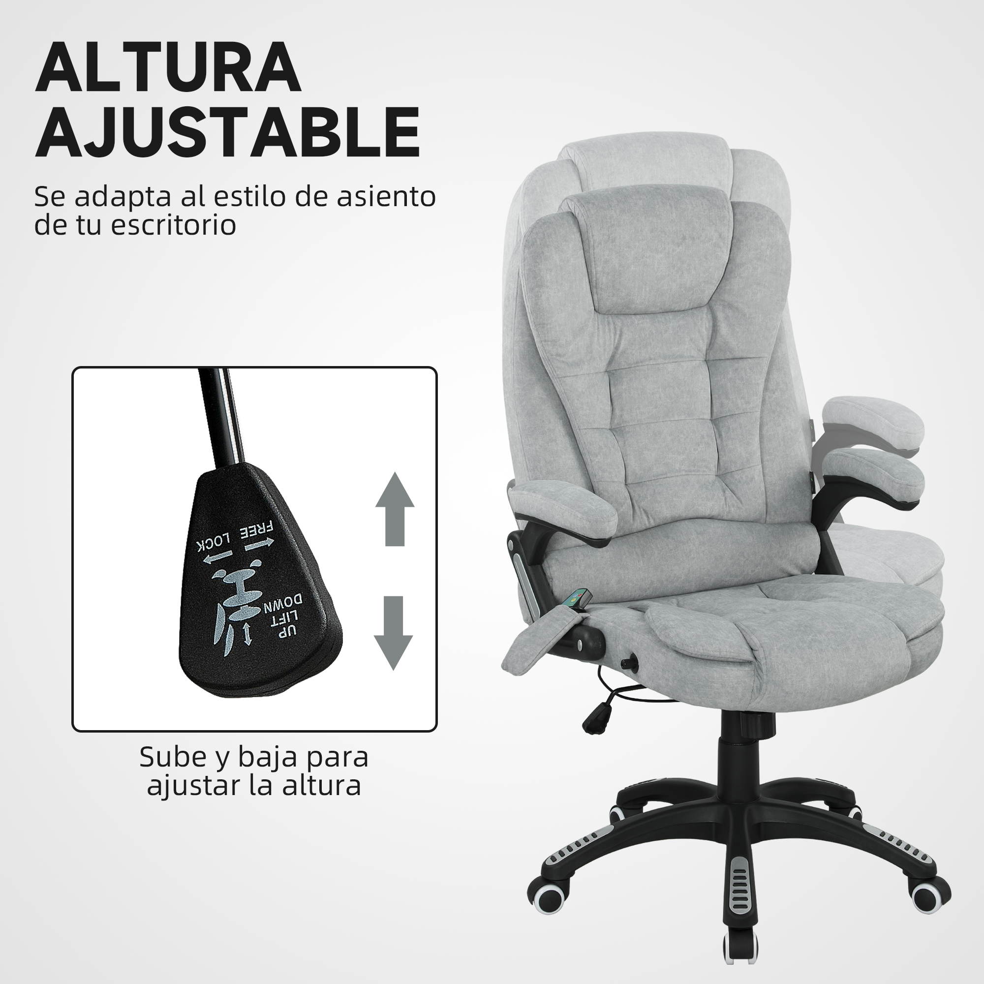 Silla de oficina gris con altura ajustable y palanca para ajustar altura.