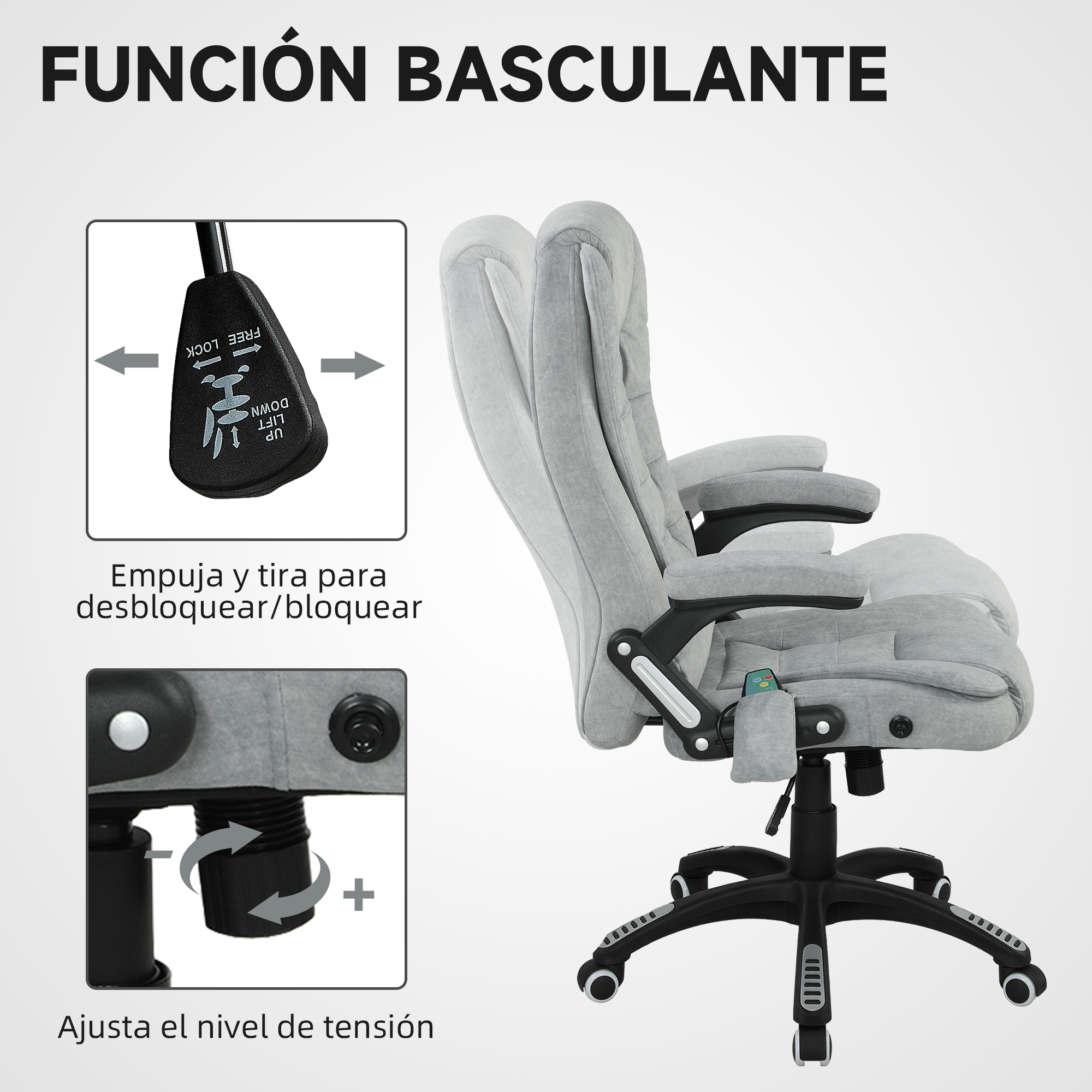 Silla de oficina gris mostrando palanca de inclinación y ajuste de tensión.