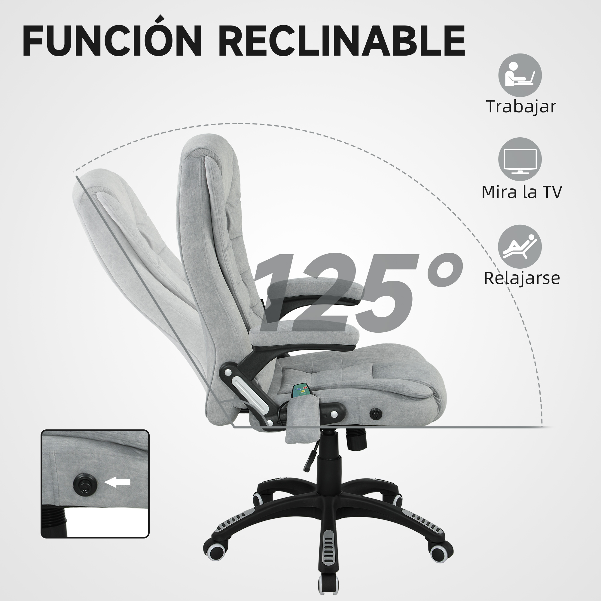 Silla de oficina gris con respaldo ajustable, reclinable hasta 125 grados.