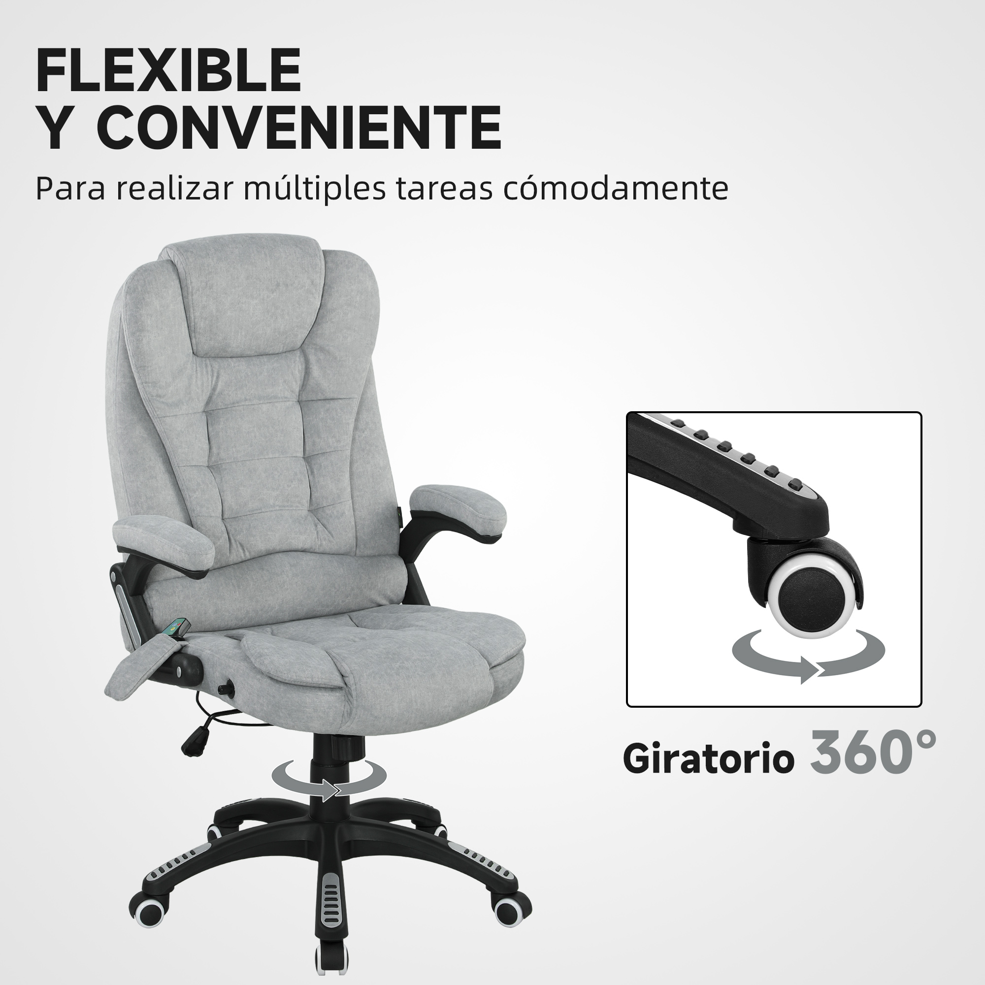 Silla de oficina gris con ruedas y función giratoria 360°.