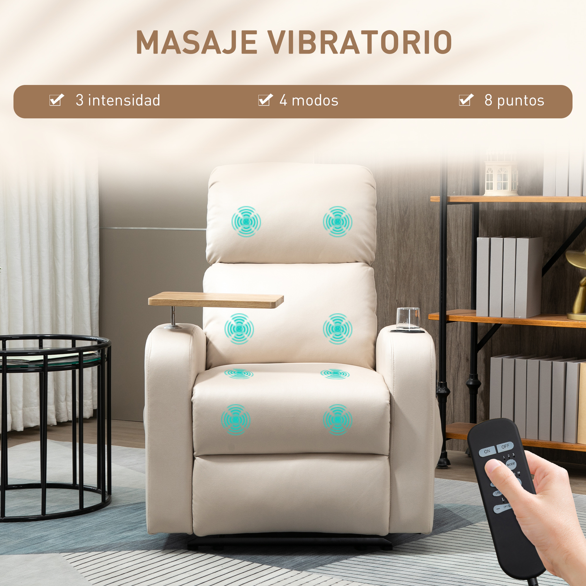 Un sillón de masaje beige con iconos de vibración azules y mando a distancia.