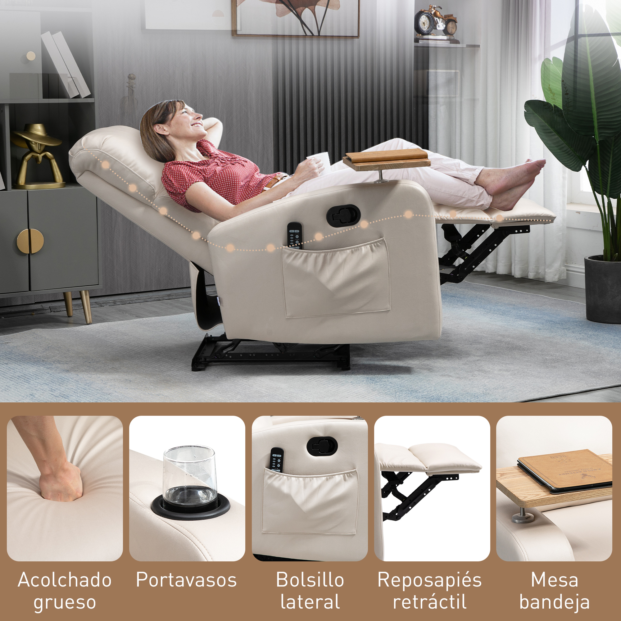 Mujer relajándose en un sillón crema con reposapiés y portavasos.