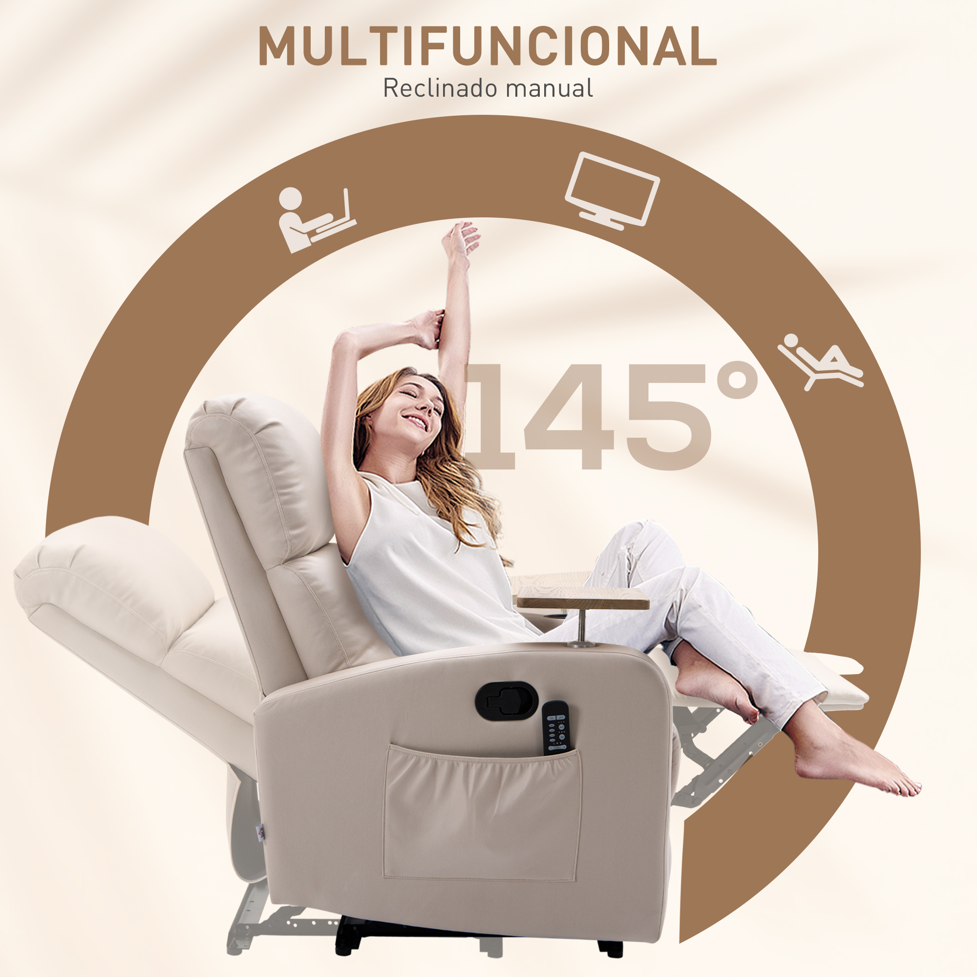 Una mujer se estira en un sillón reclinable beige con mesa.