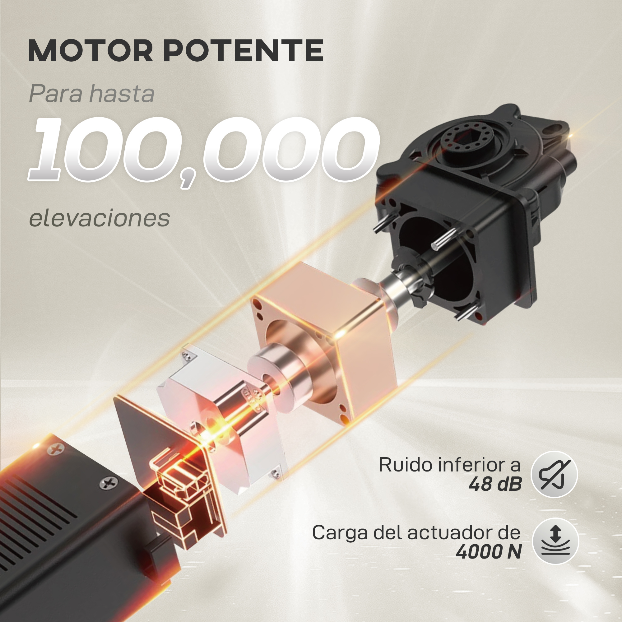 Motor potente para 100.000 elevaciones. Ruido inferior a 48 dB.