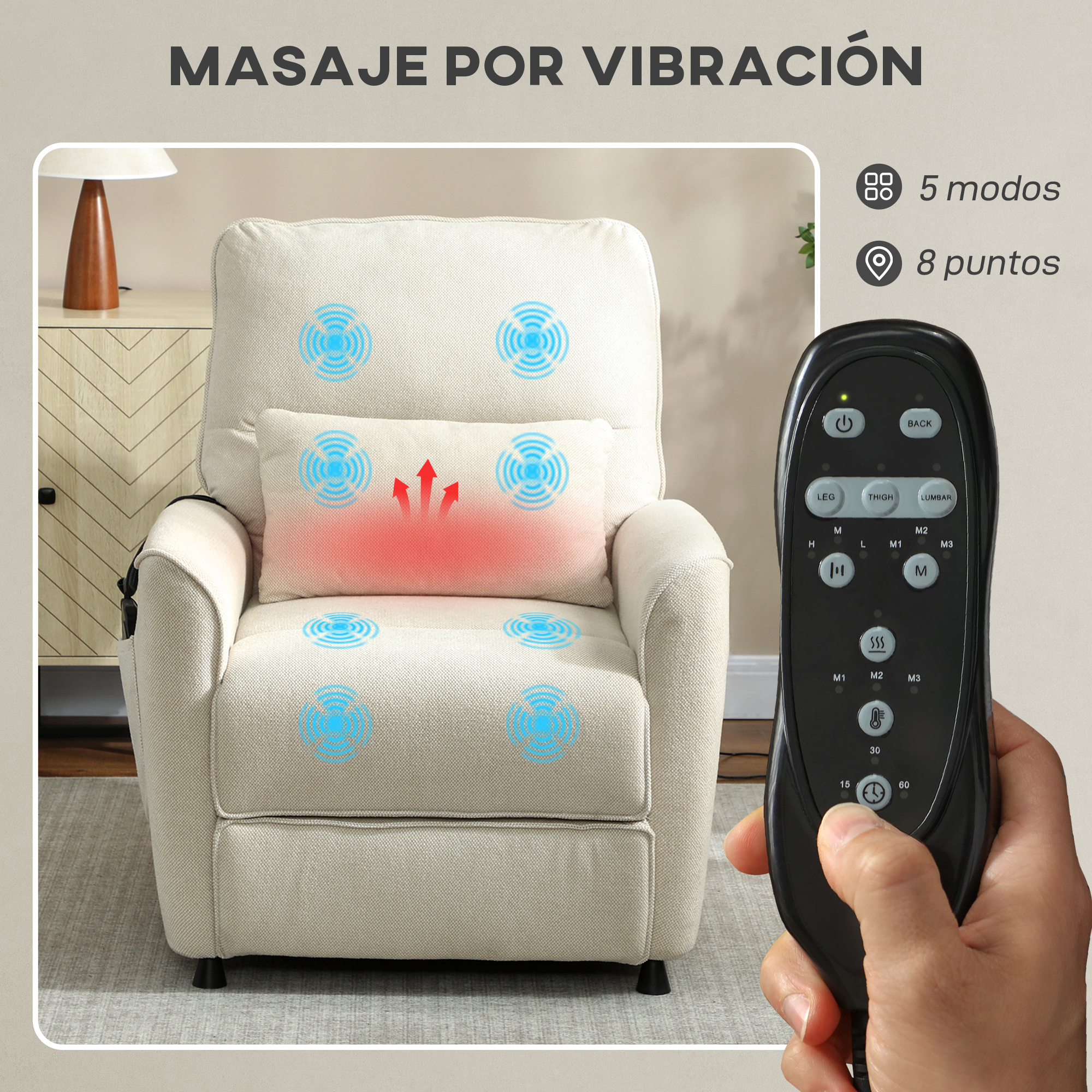 Un sillón de masaje beige con mando que muestra 5 modos y 8 puntos.