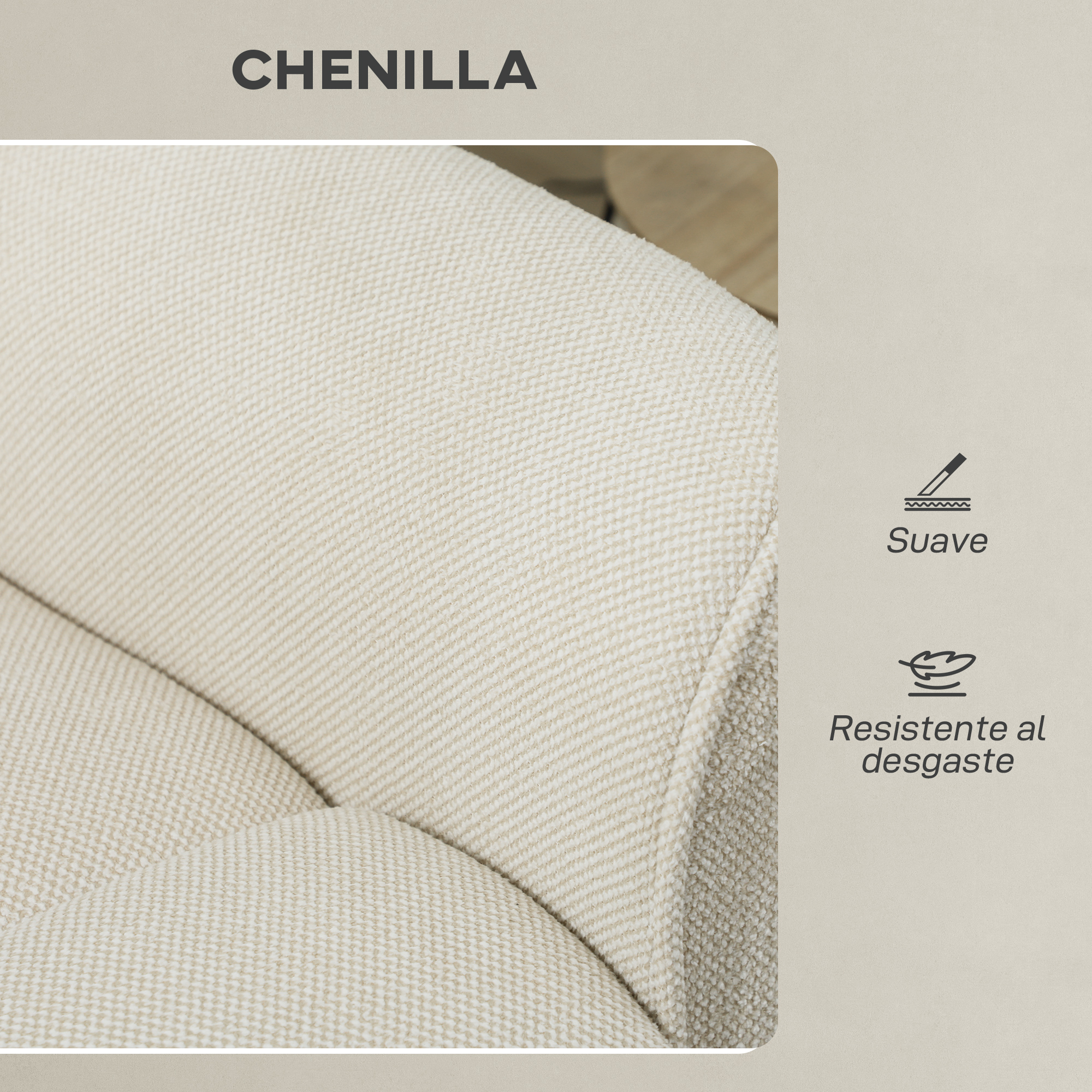 Primer plano de tela chenilla beige claro mostrando su textura tejida.