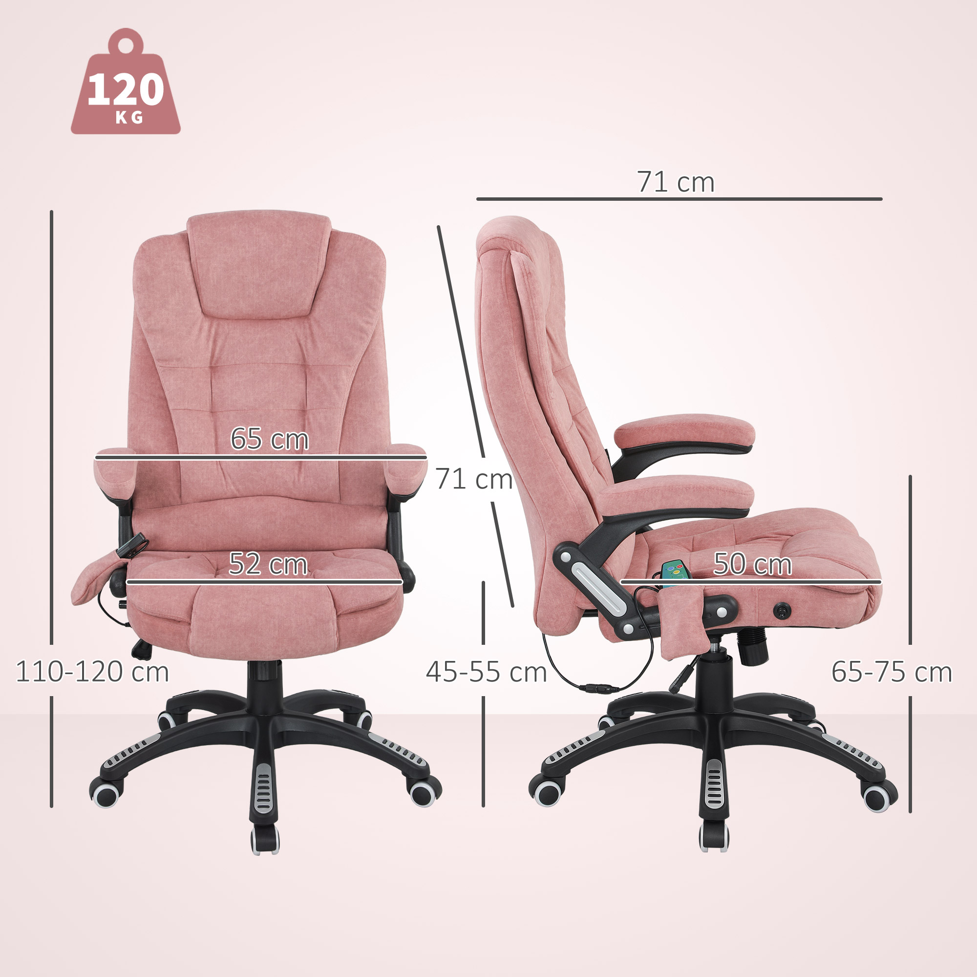Una silla de oficina rosa con dimensiones y capacidad de 120 kg.