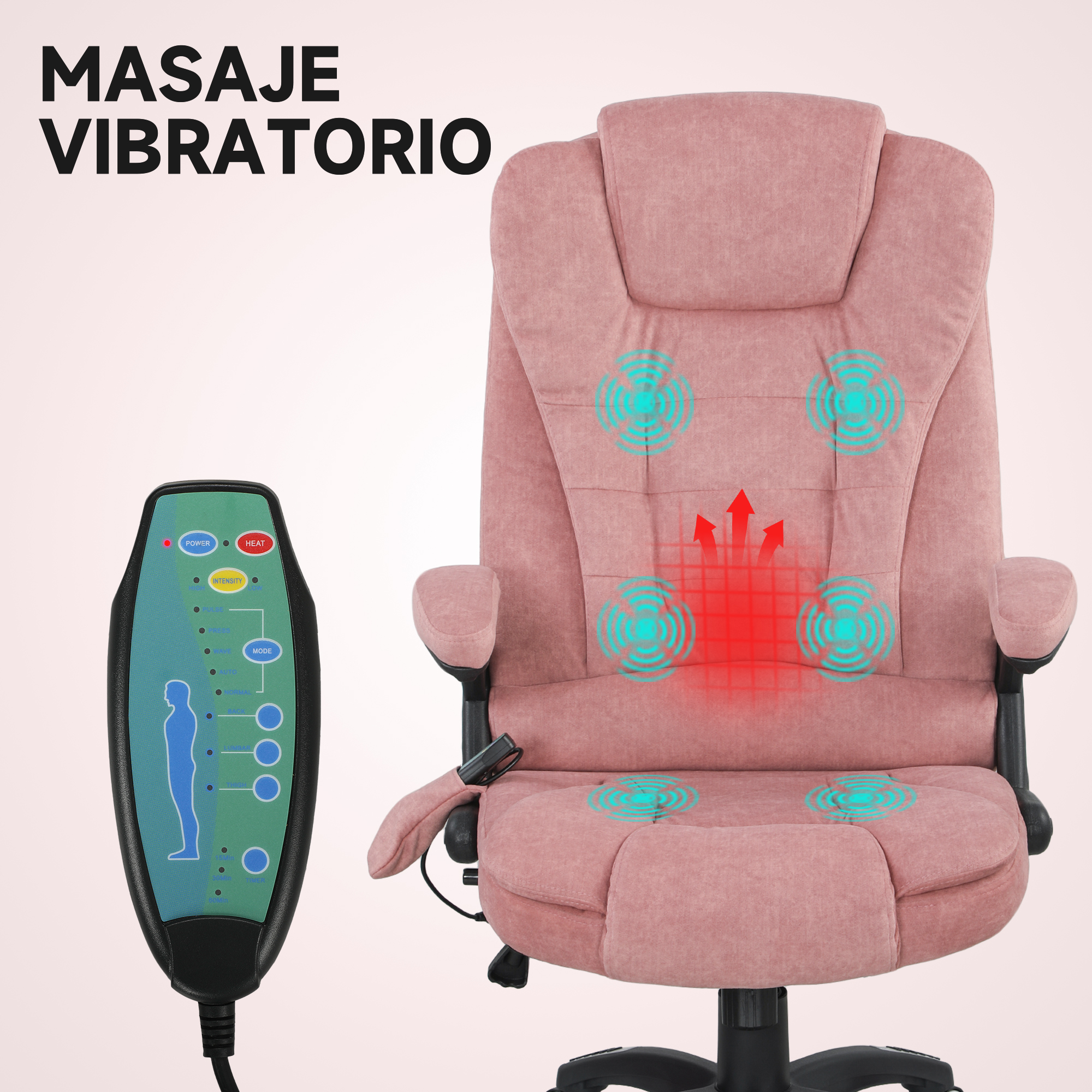 Un sillón de masaje rosa con mando a distancia, mostrando indicadores de vibración y calor.