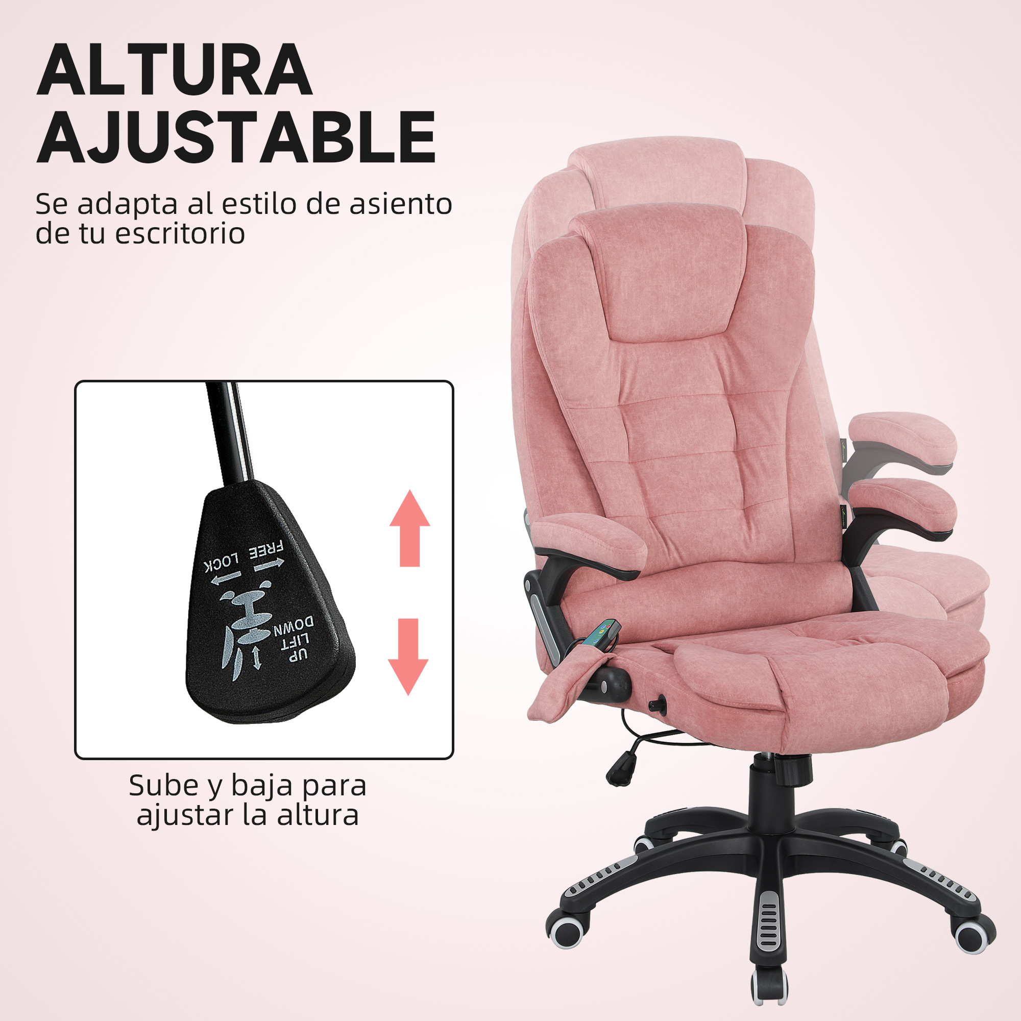 Silla de oficina rosa ajustable con palanca para ajuste de altura.