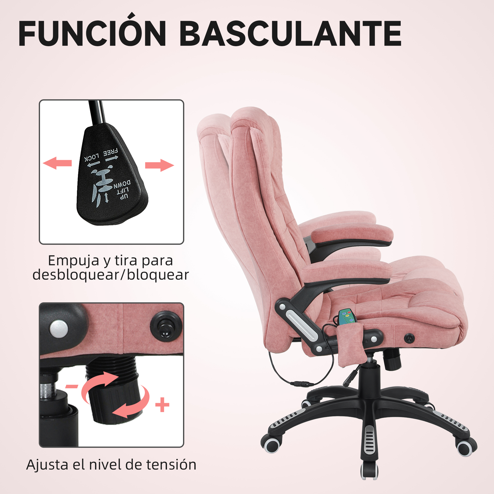 Una silla de oficina rosa con palancas para ajustar altura e inclinación.