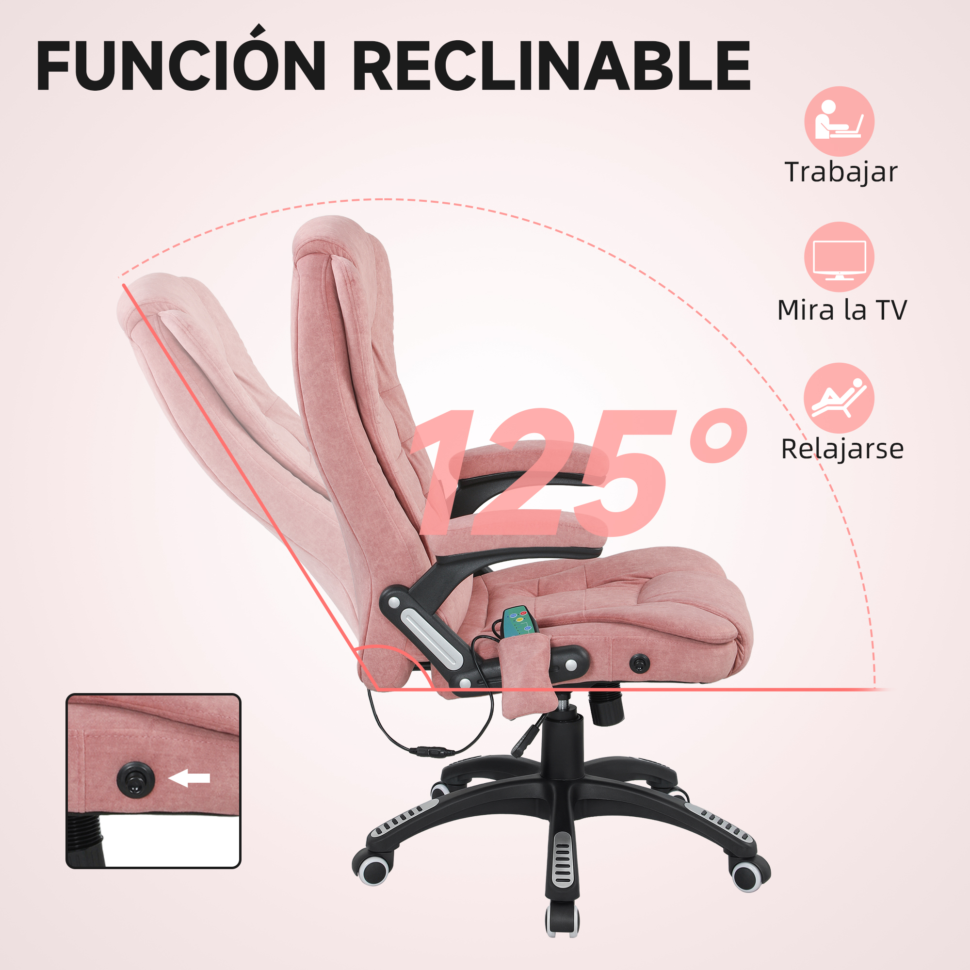 Una silla de oficina rosa que muestra su función reclinable hasta 125 grados.