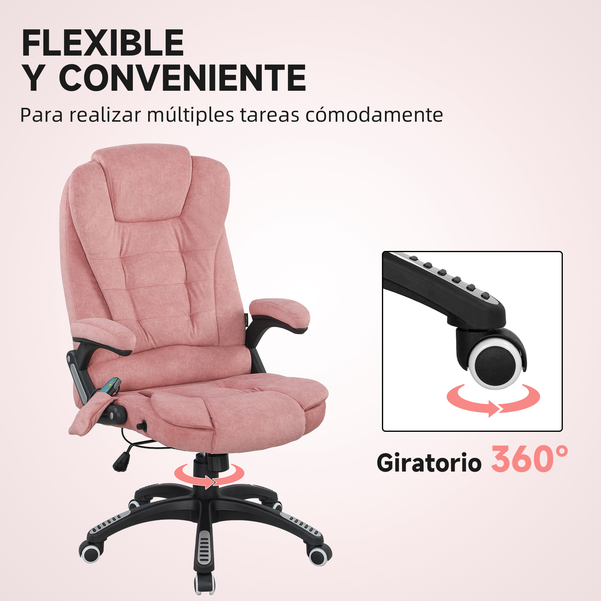Una silla de oficina rosa con reposabrazos y base giratoria 360°.