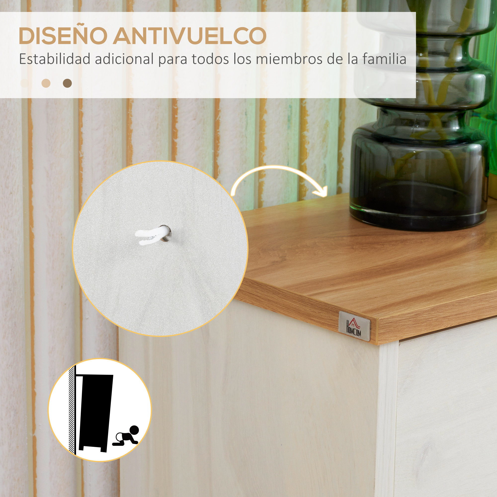 Diseño antivuelco con correa de seguridad y gráfico de mueble volcado.