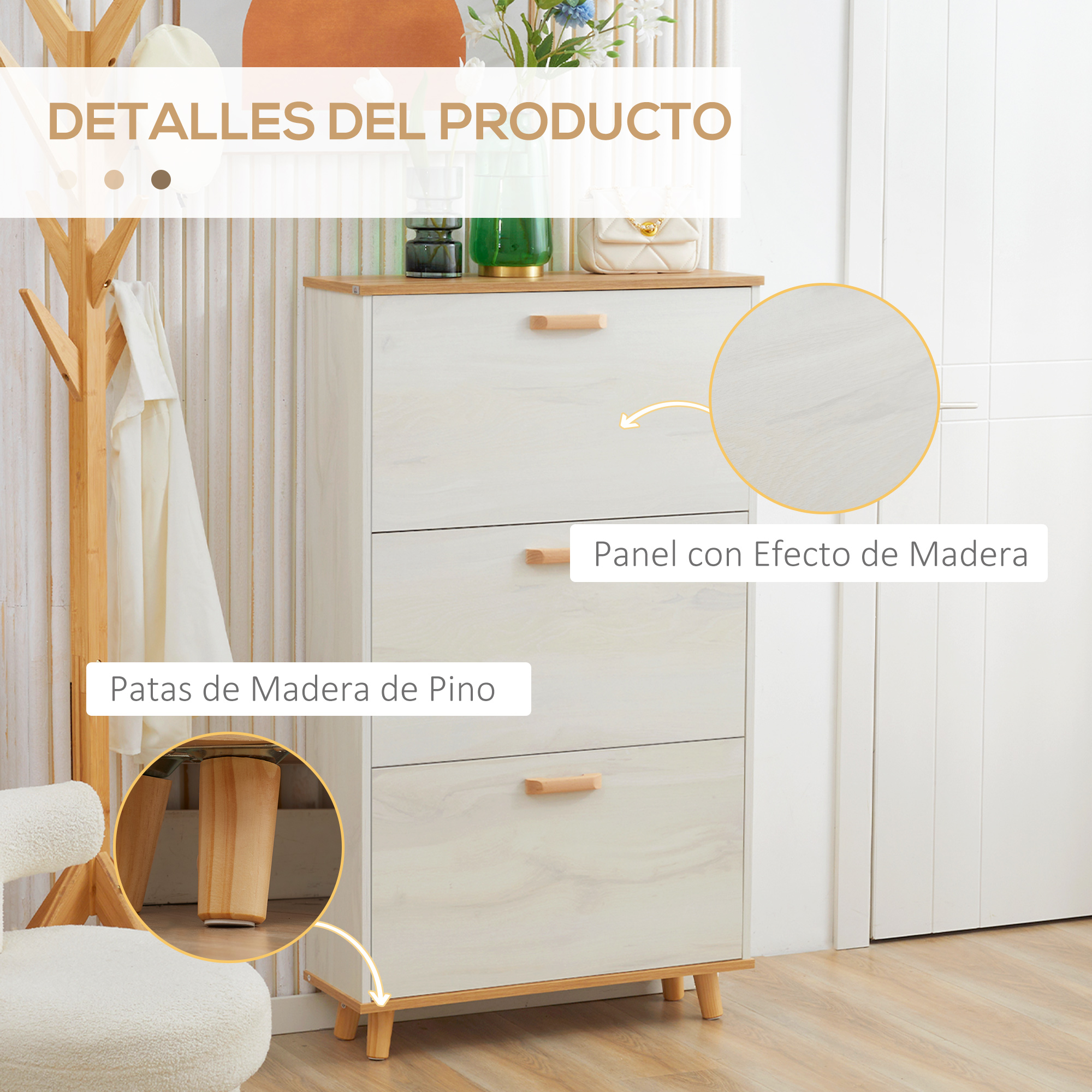 Un gabinete blanco con detalles de madera y pisos de madera.