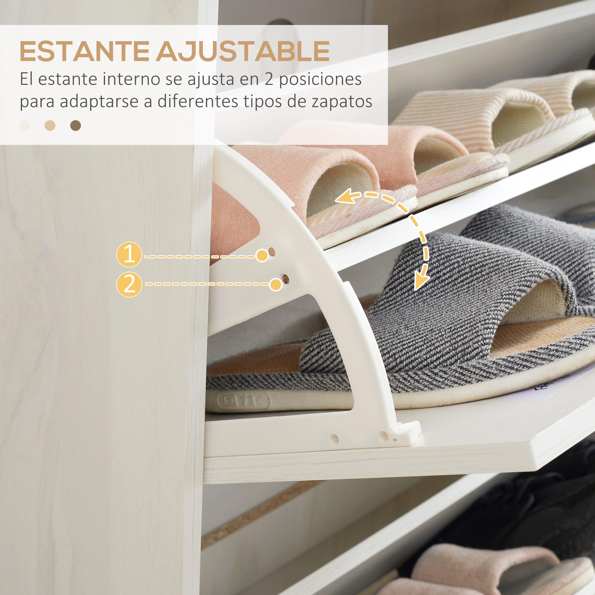 Zapatero ajustable con zapatillas rosas y grises en estantes. Se muestran dos posiciones.