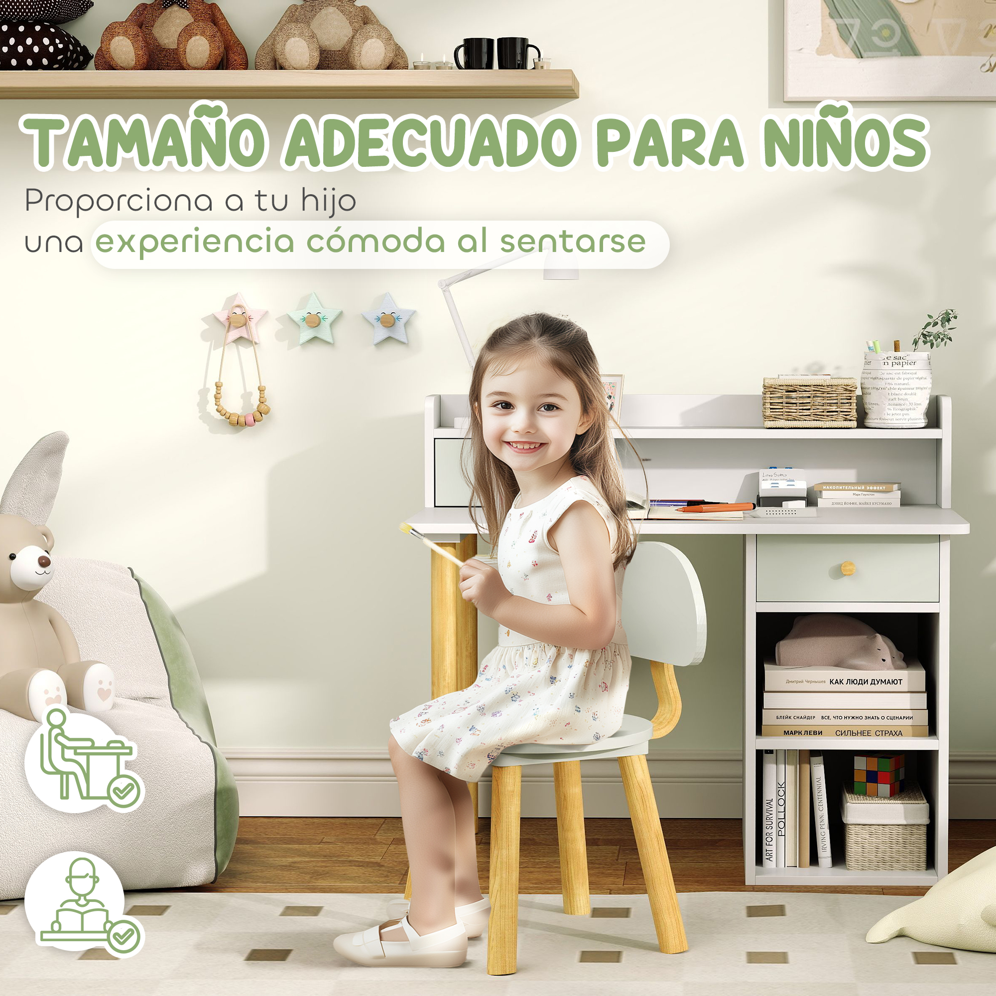 Una niña se sienta en un escritorio. Hay osos y libros de fondo.