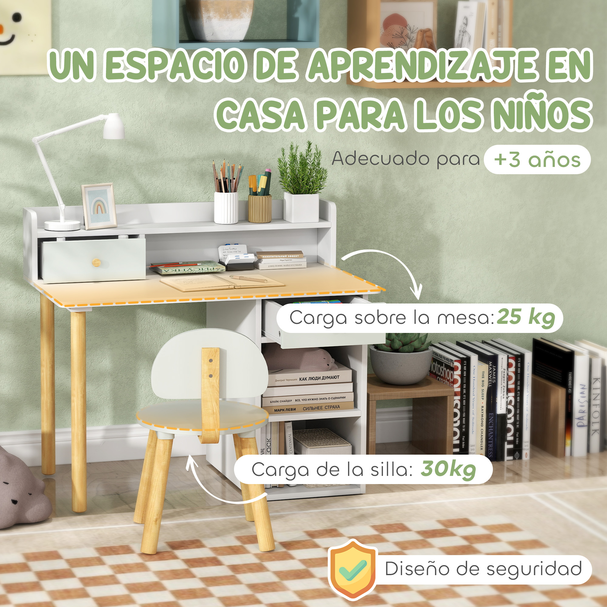 Un espacio de aprendizaje infantil con escritorio, silla, lámpara y libros.