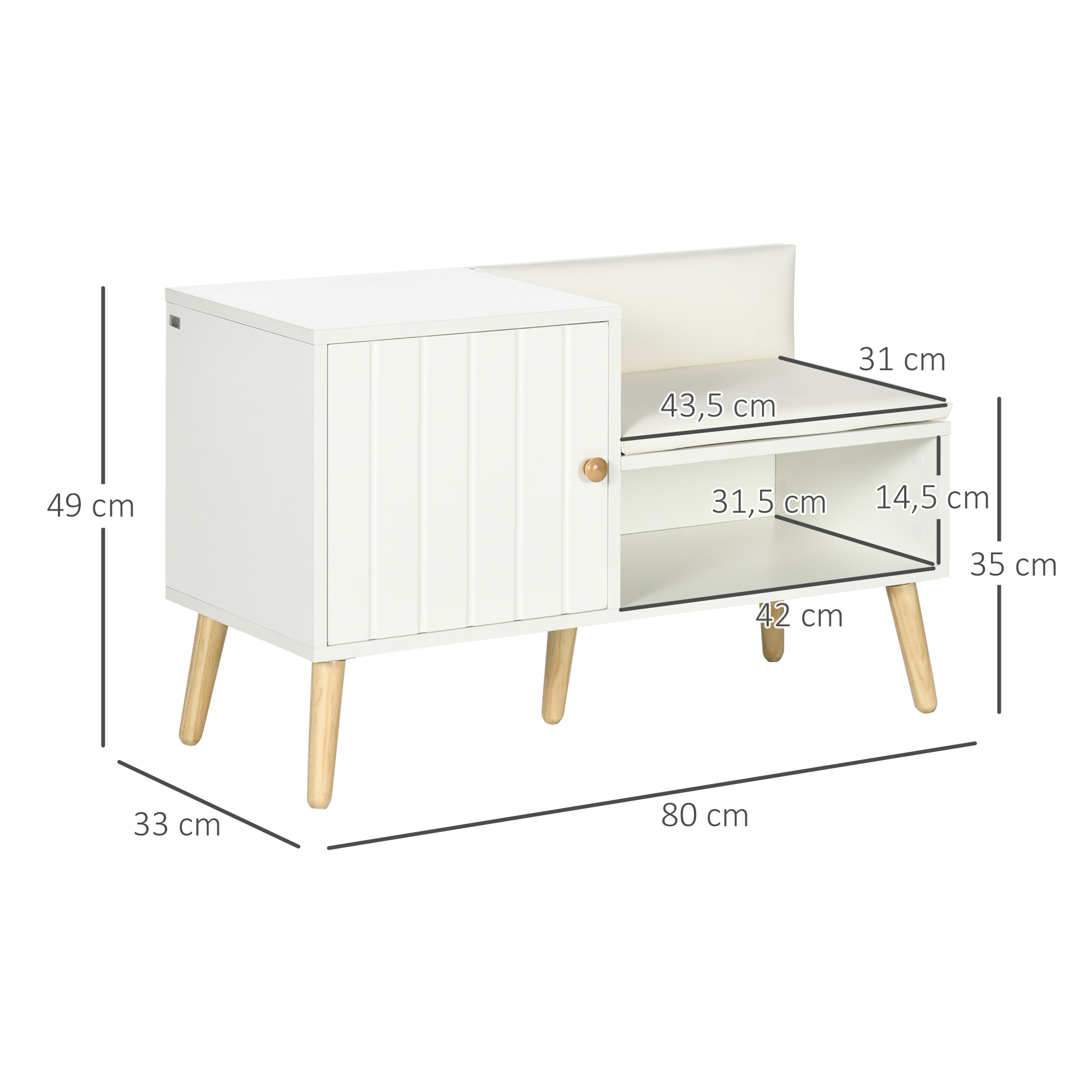 Un armario blanco con detalles de madera y estantes abiertos. Se muestran las dimensiones.