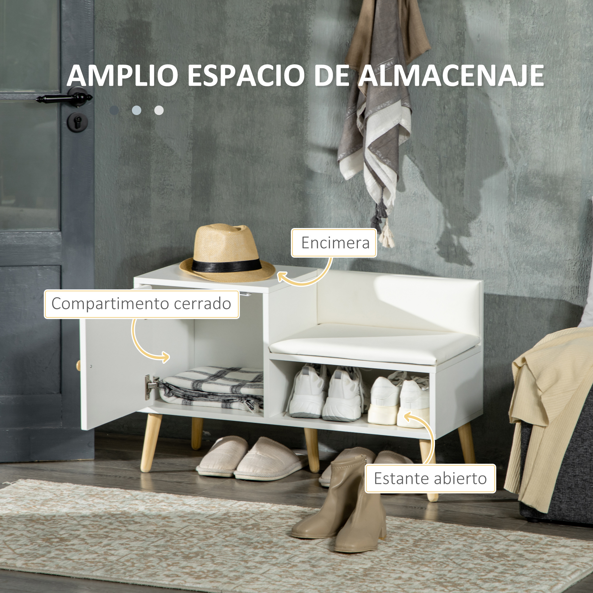 Zapatero blanco con banco, compartimentos abiertos y cerrados, zapatos y sombrero.