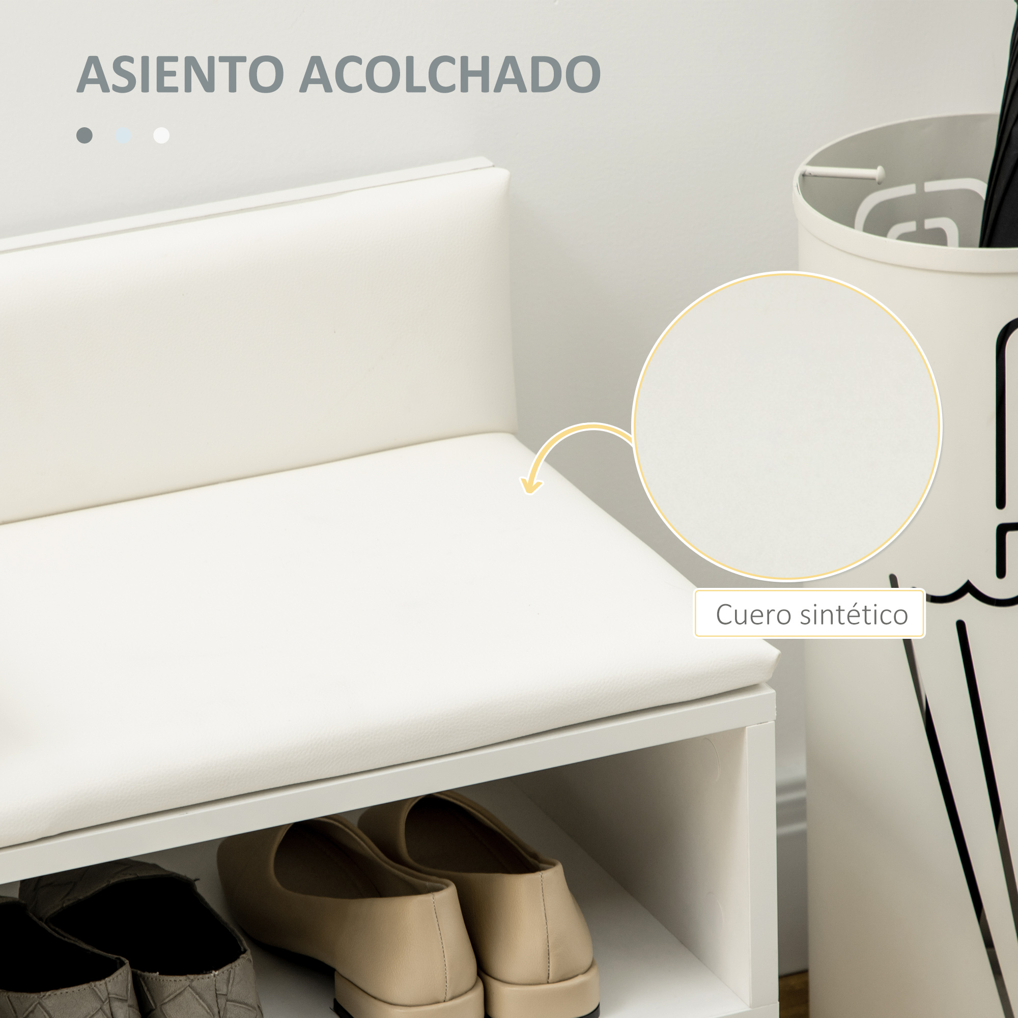 Banco blanco con zapatero y primer plano del material de cuero sintético.