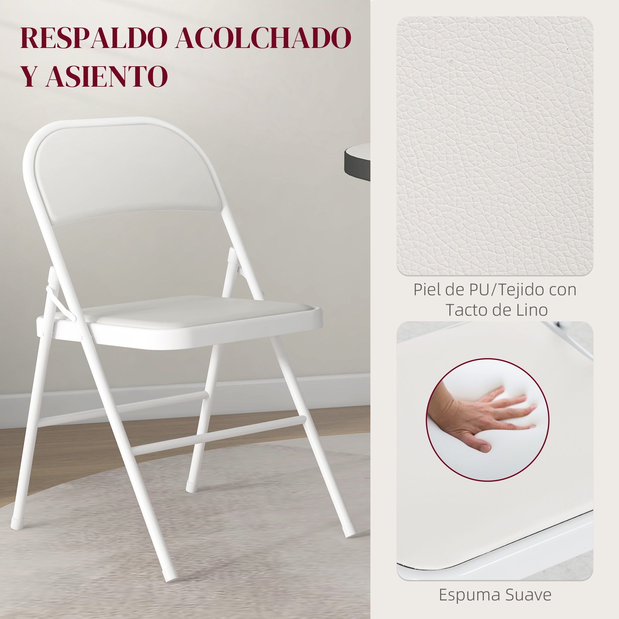Una silla plegable blanca con respaldo y asiento acolchados.