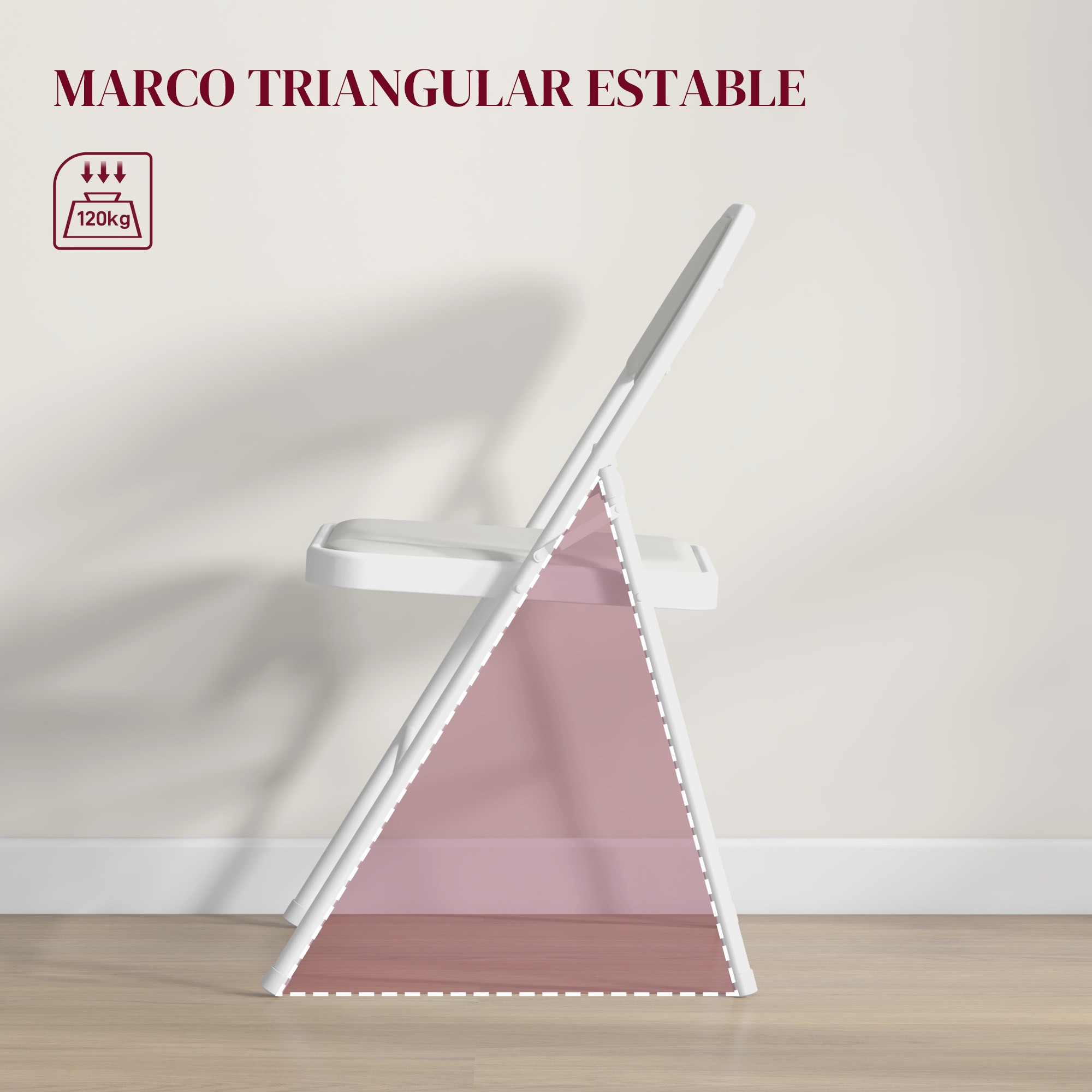 Silla plegable blanca con refuerzo triangular y símbolo de 120 kg.