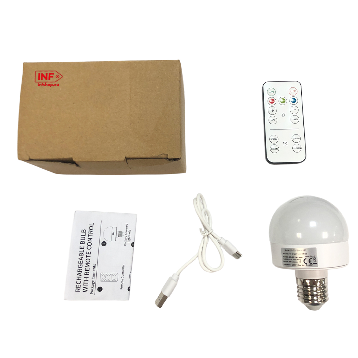 Een set oplaadbare lampen met afstandsbediening, kabel en handleiding op witte achtergrond.
