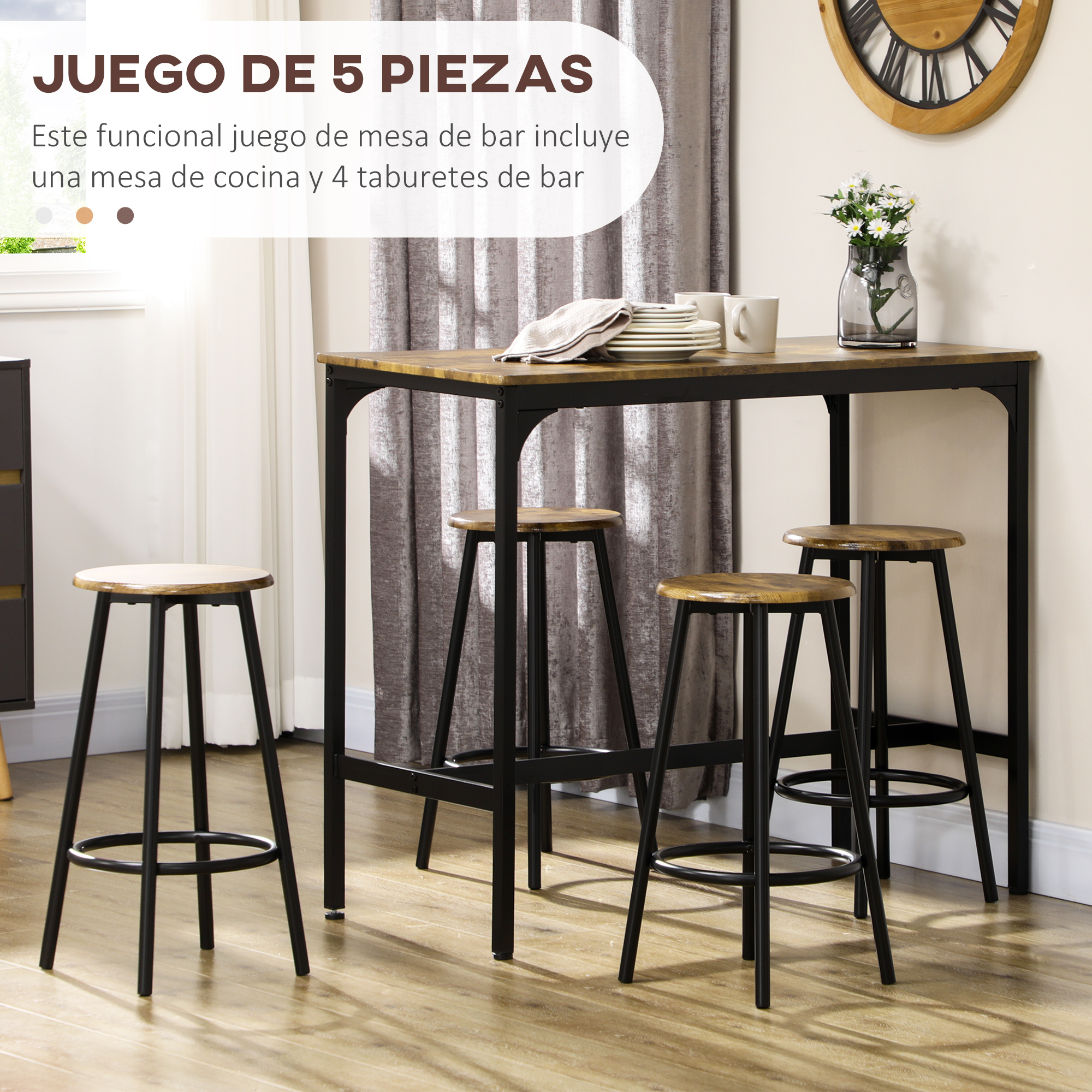 Una mesa de bar de madera con cuatro taburetes de asientos de madera y patas negras.