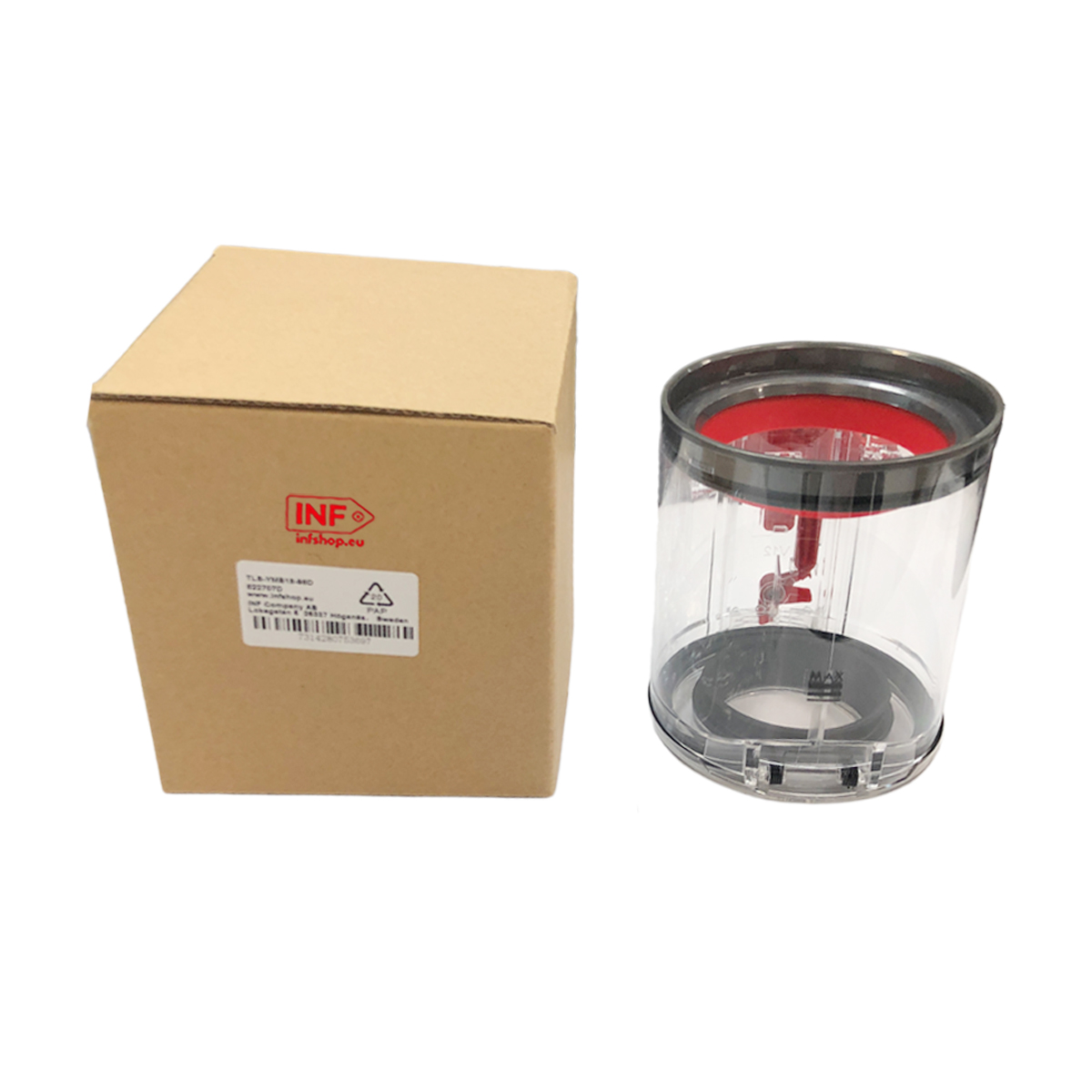 Przezroczysty pojemnik na kurz z czerwonym pierścieniem obok brązowego kartonu z etykietą.