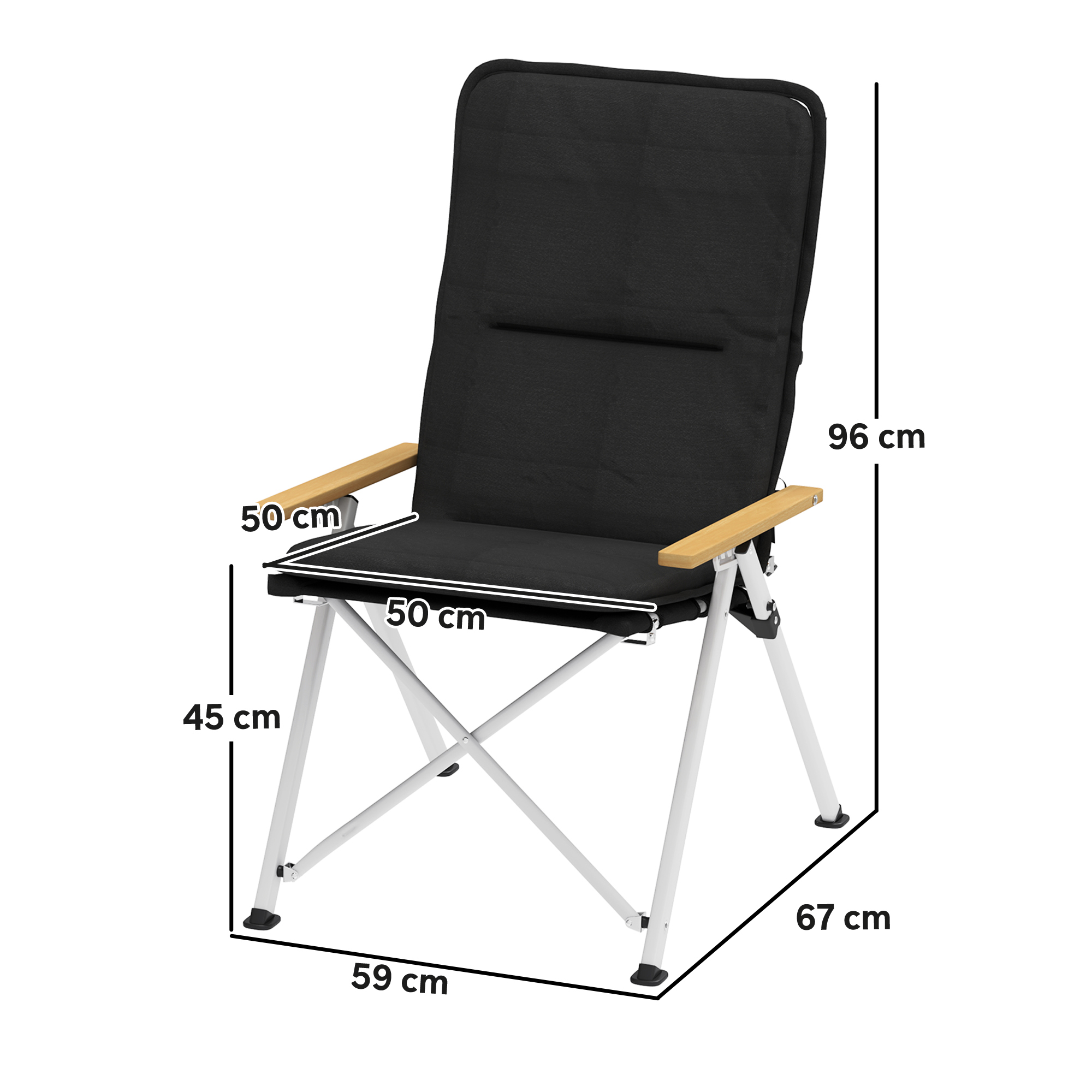 Silla plegable negra con reposabrazos de madera y medidas.