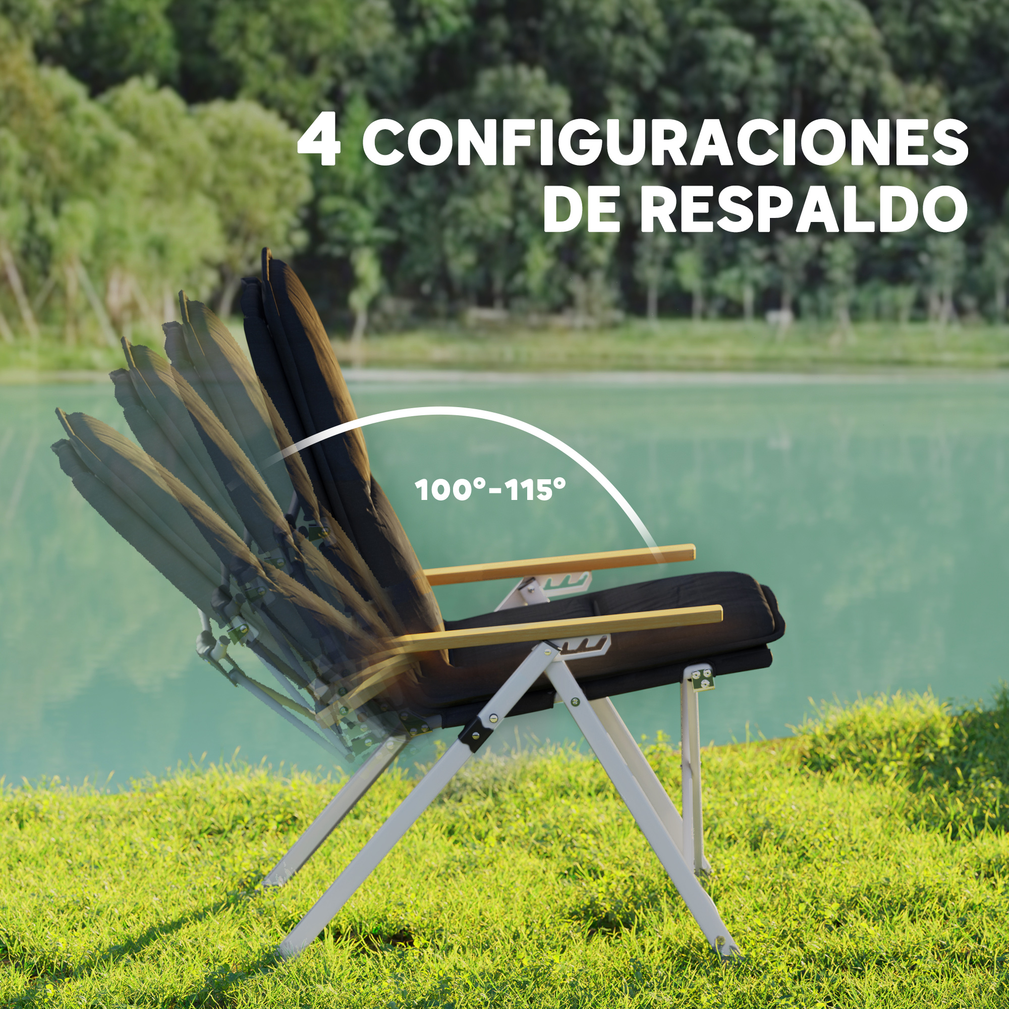 Una silla de camping ajustable con reposabrazos de madera.