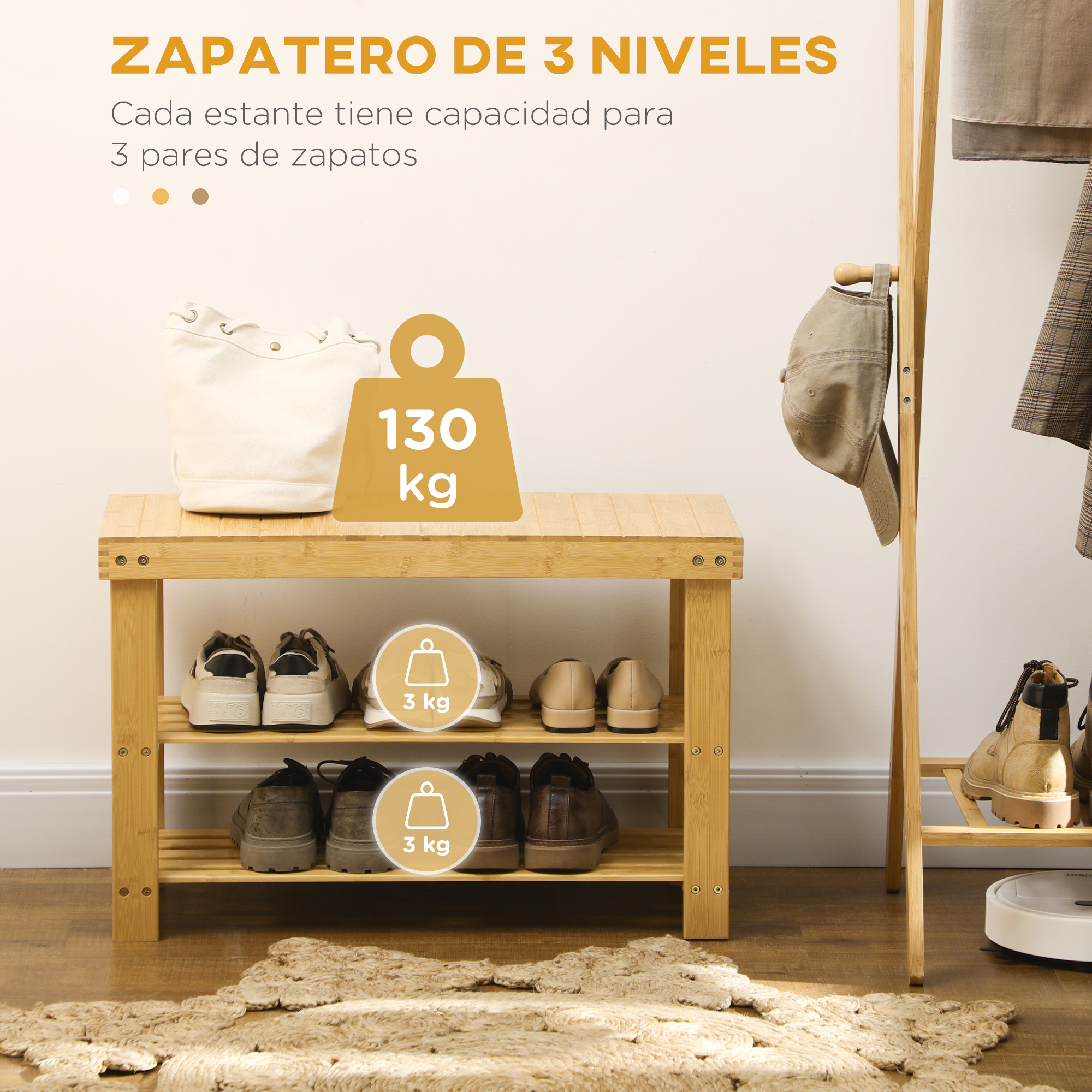 Zapatero de madera de 3 niveles con zapatos y bolso, se muestran límites de peso.