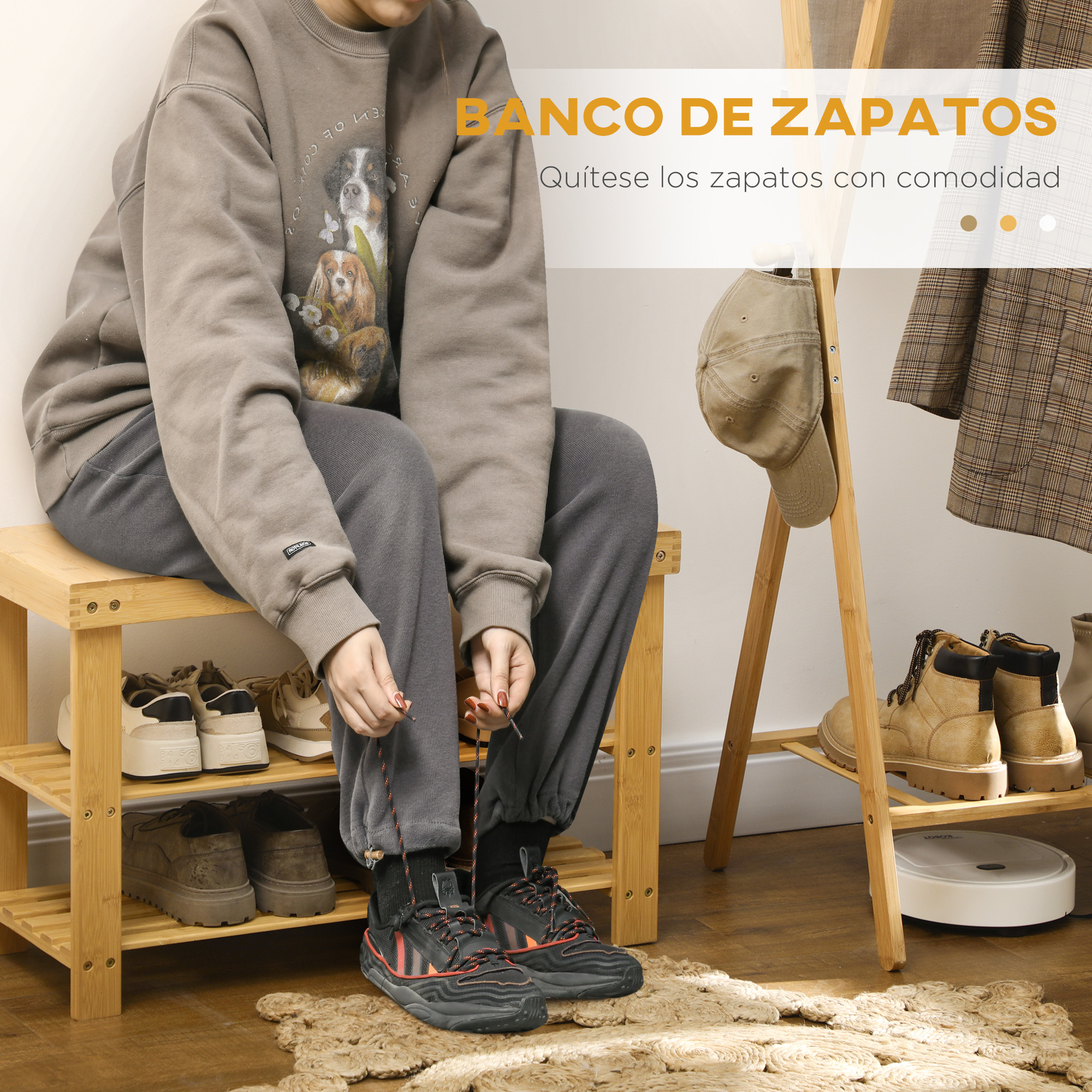 Persona atándose los zapatos en un banco de madera con zapatero al lado.