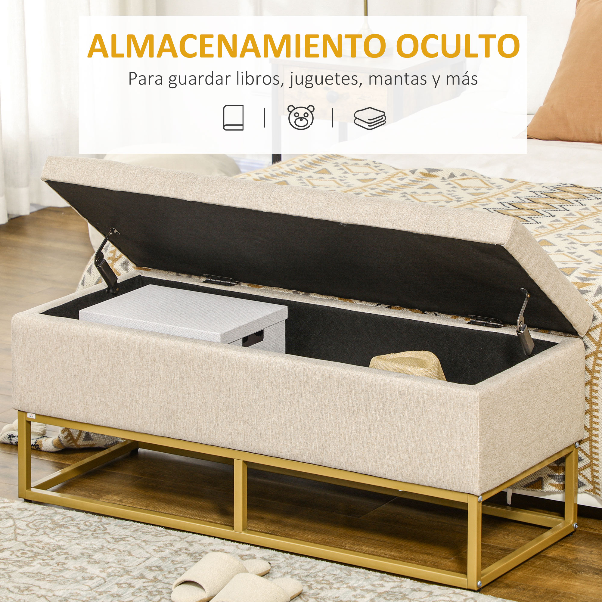 Un banco de almacenamiento beige con la tapa abierta, mostrando espacio para libros.