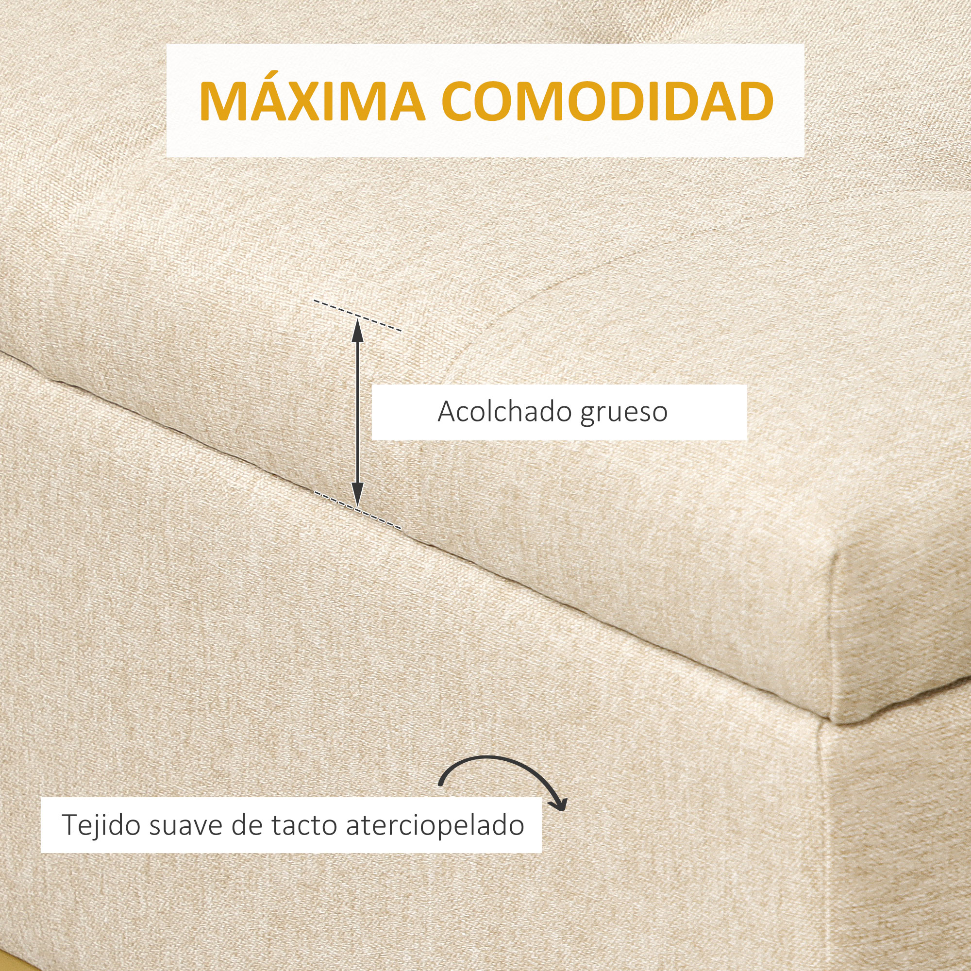 Mueble de tela beige con acolchado grueso y tacto suave.
