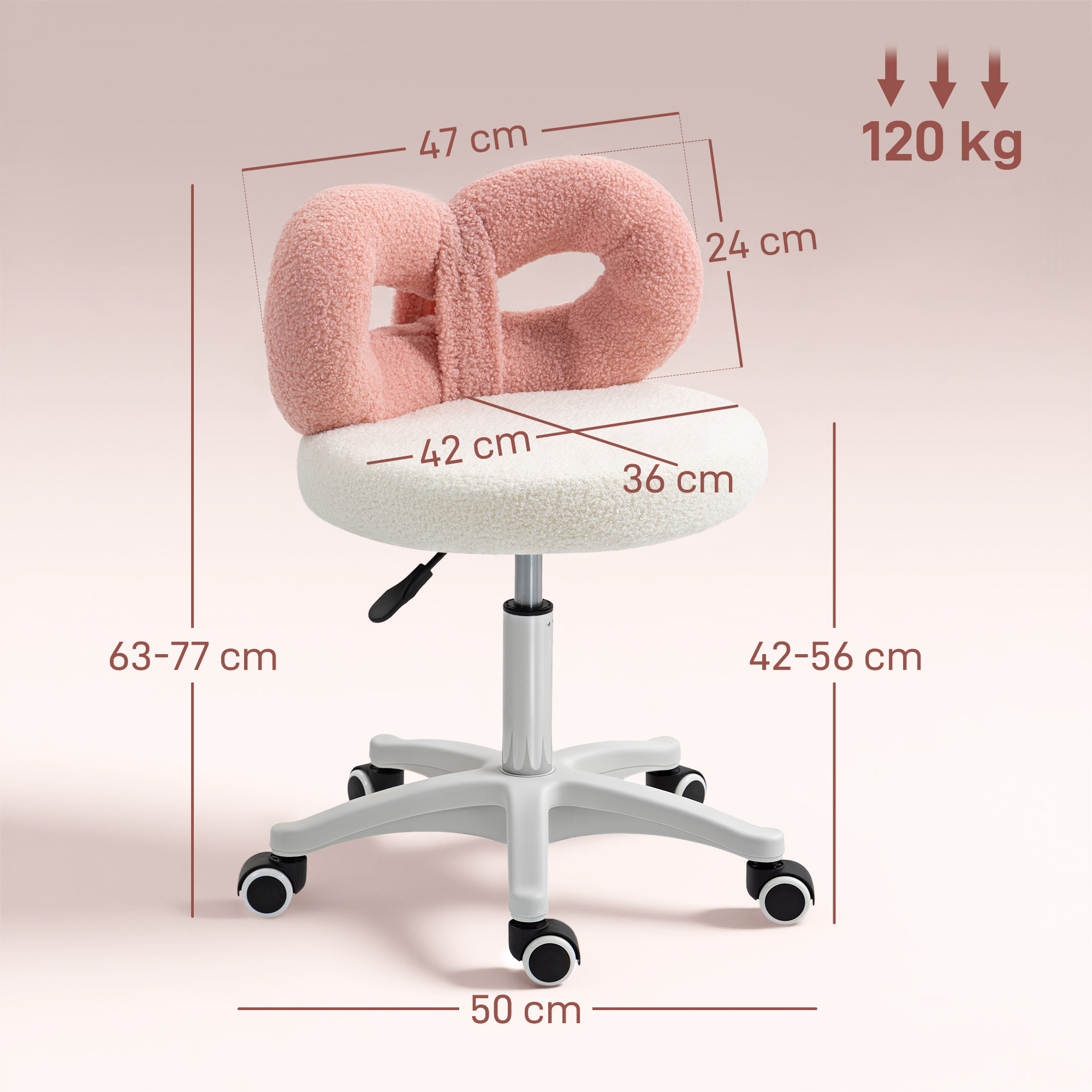 Una silla rosa de peluche con dimensiones blancas y peso máximo de 120 kg.
