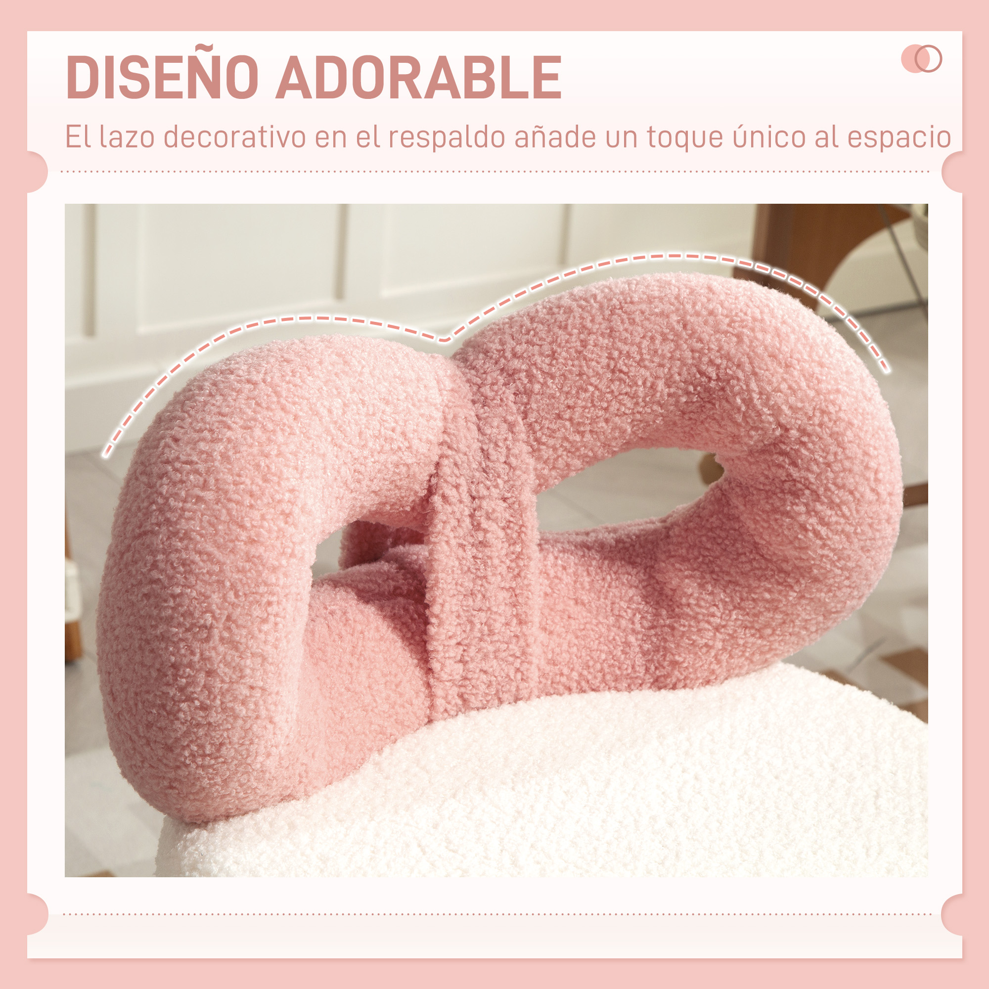 Un cojín rosa con forma de lazo sobre una silla blanca.
