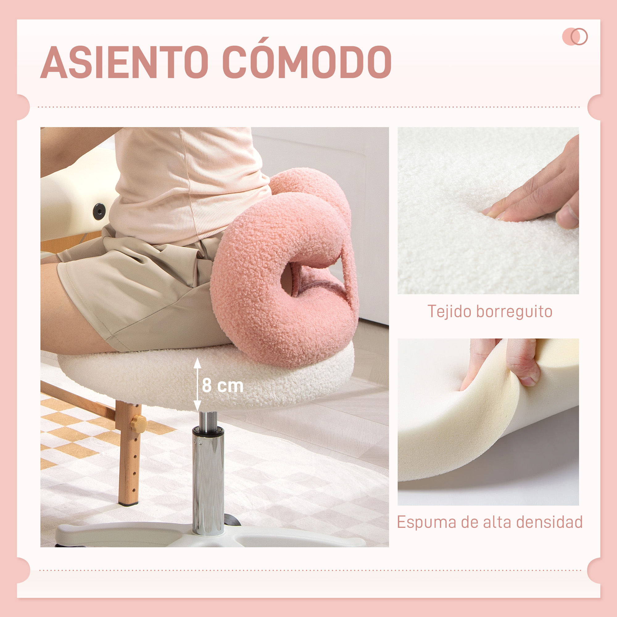 Persona sentada en silla con funda de peluche y cojín rosa.