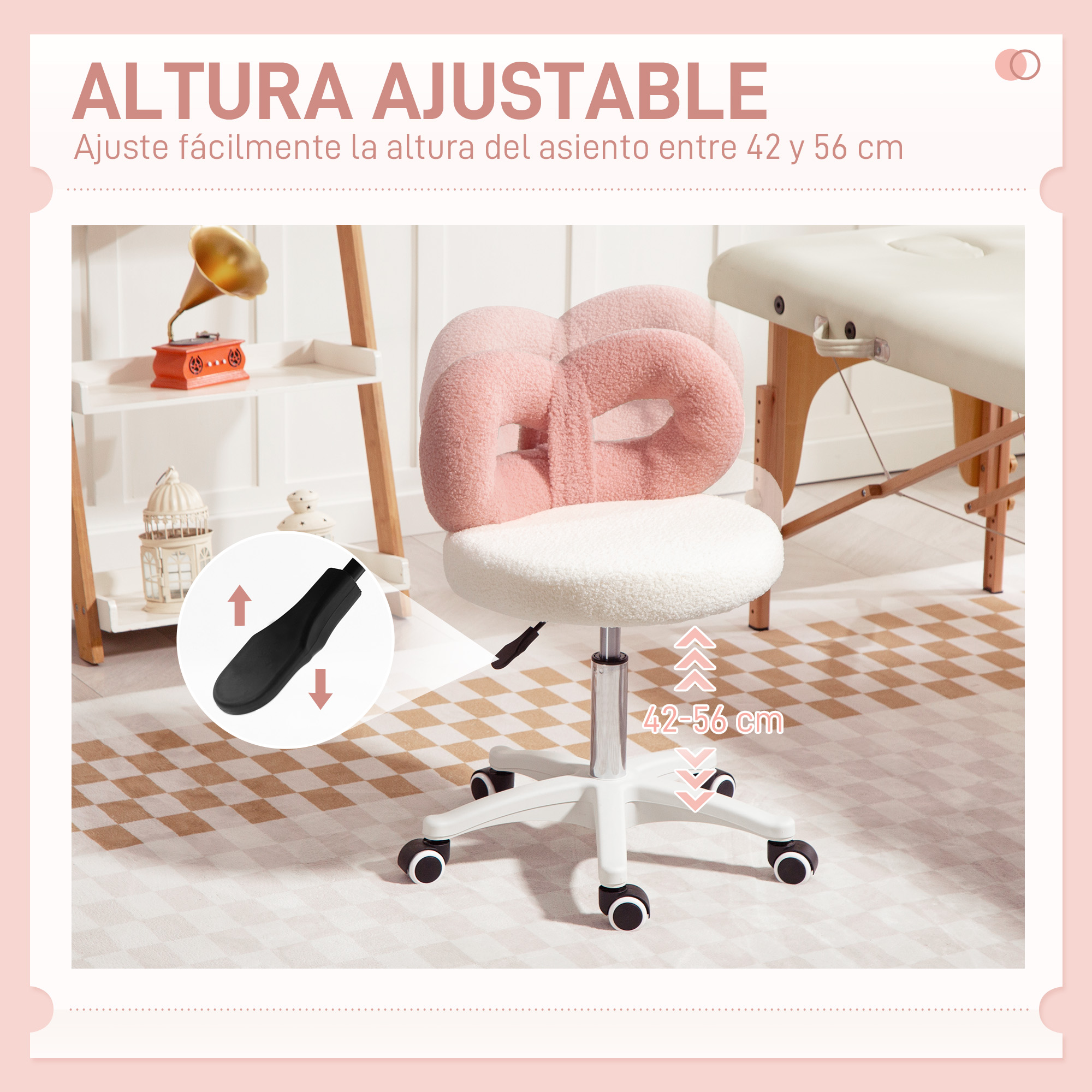 Una silla de oficina rosa y blanca de altura ajustable sobre una alfombra a cuadros.